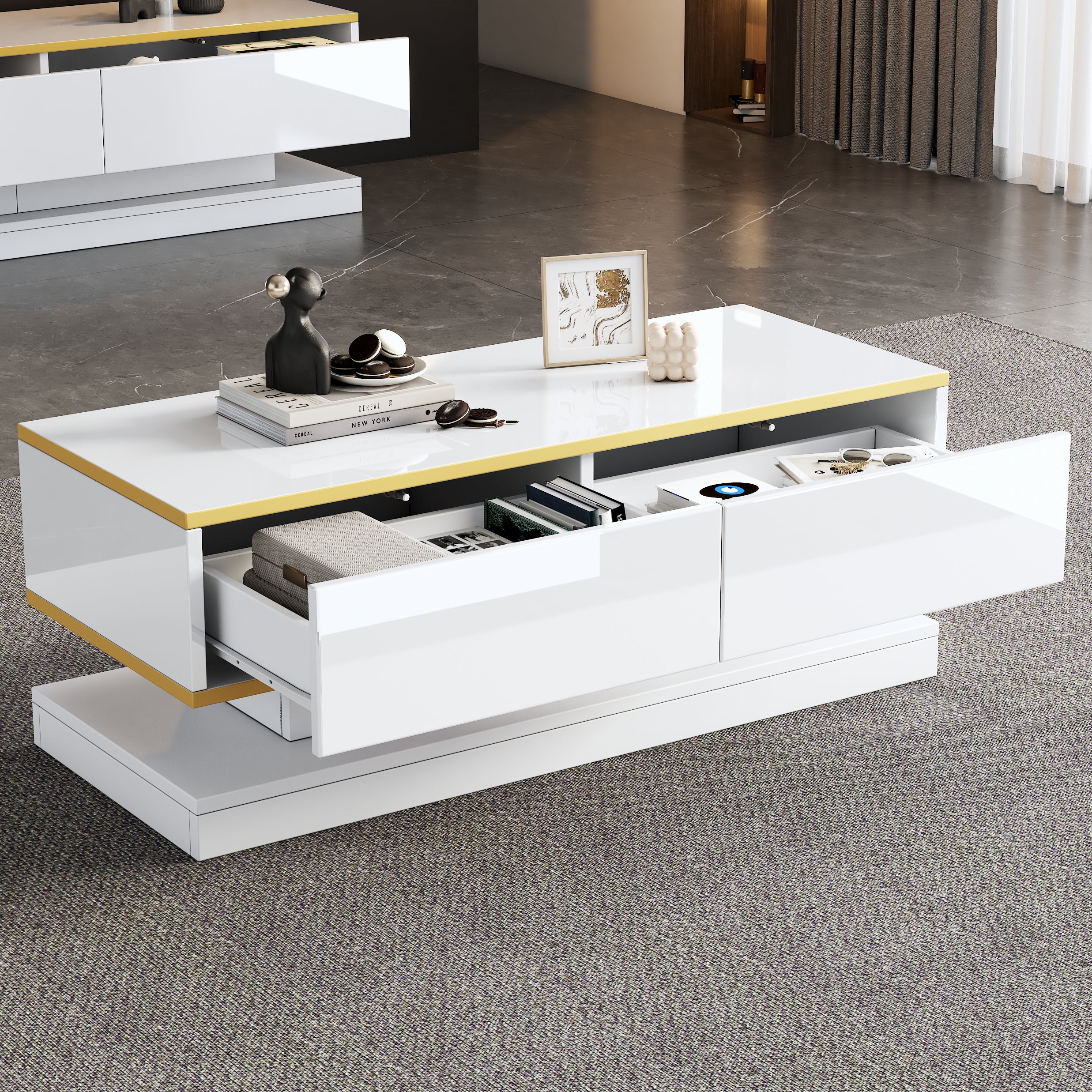 Coffee Table 100x50x38cm High Gloss with 2 Drawers, Warm White and Gold Edge
