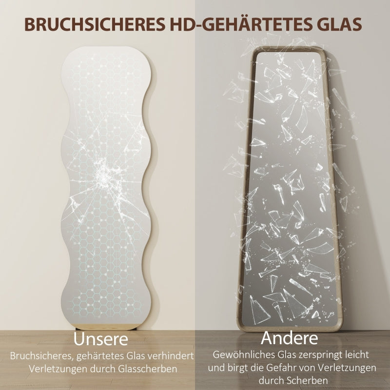 Full-Length Frameless Wave Mirror with Wooden Base, Black