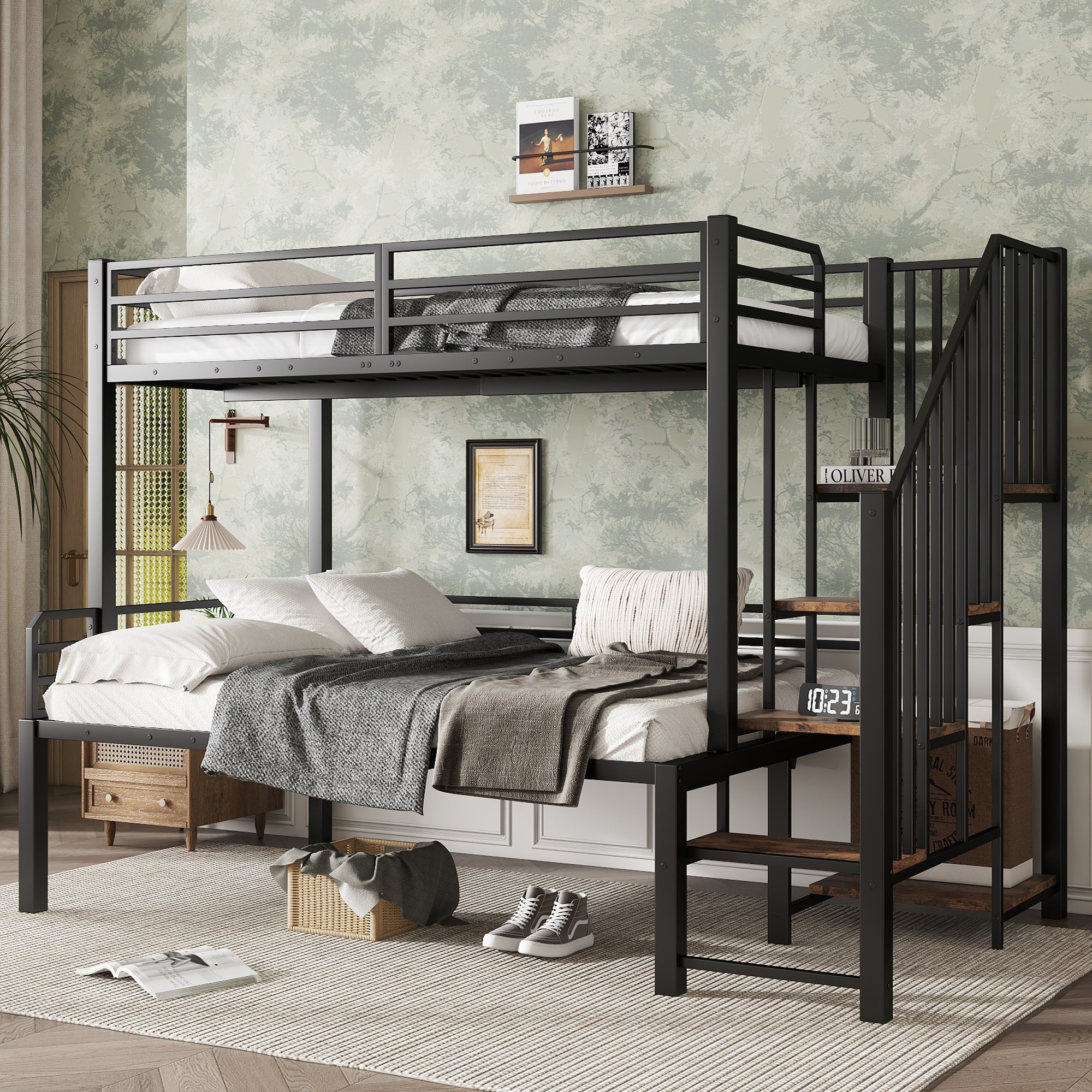 Iron Bunk Bed with Storage Ladder Wardrobe, 90x200cm & 120x200cm, Black+Vintage Wood Iron+MDF