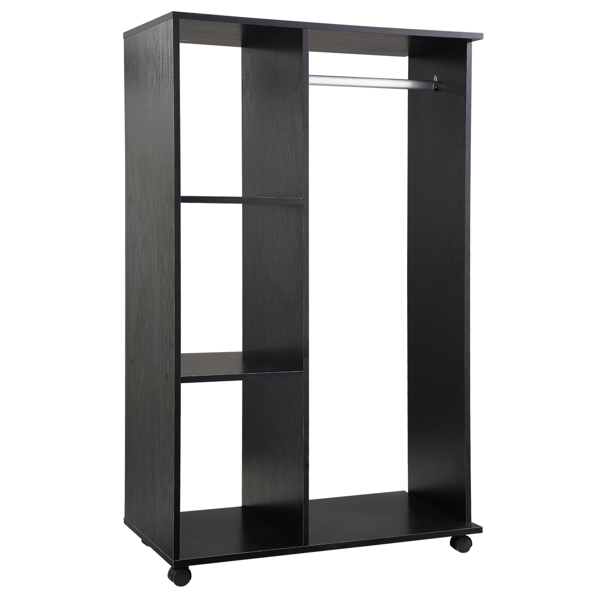 Open Wardrobe on Wheels, Mobile Clothes Rail & 3 Shelves, Black