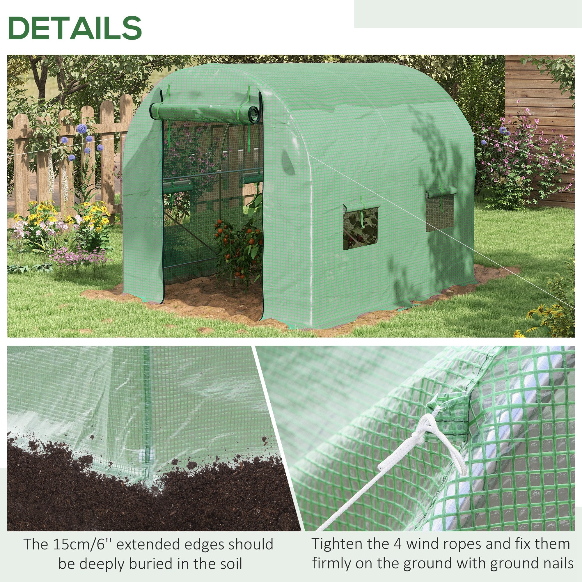 Walk-In Garden Polytunnel Greenhouse Roll-Up Door 4 Windows 2.5 x 2m Steel PE Green
