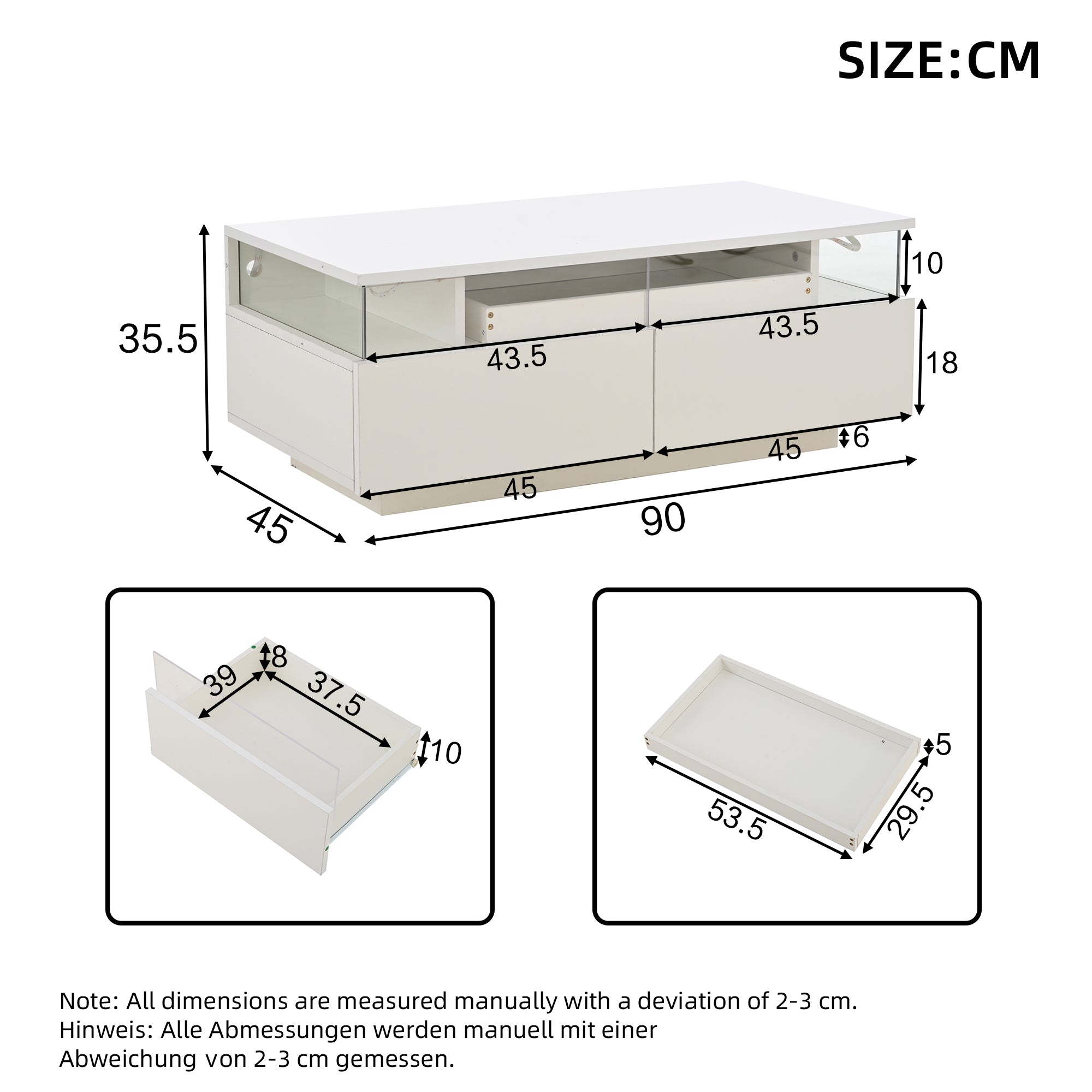 Coffee Table with Tray, 90 x 45 x 35.5 cm, 2 Drawers, Tempered Glass, LED Light, White