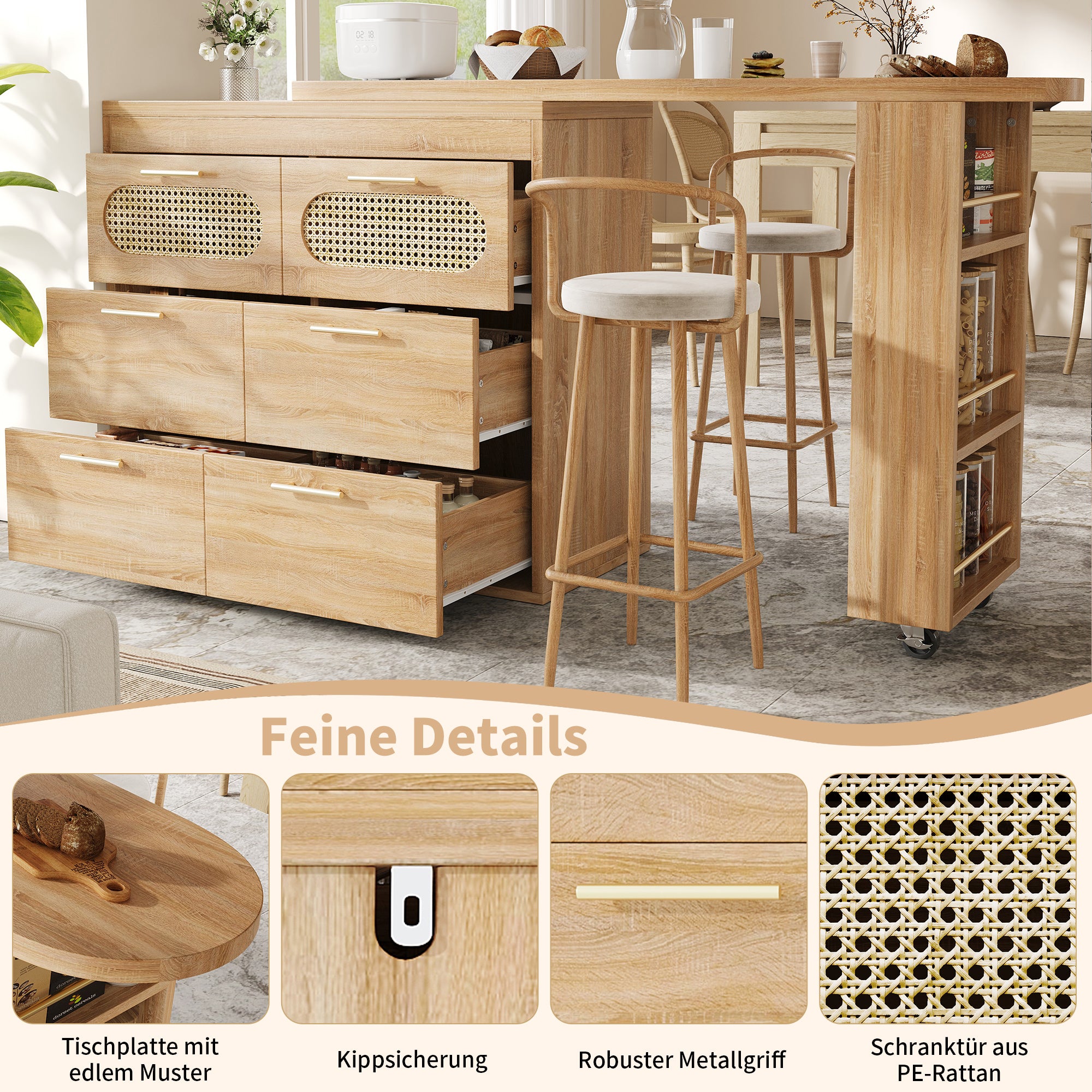 360° Rotating Bar Table with 6 Drawers and Anti-Tip Device, PE Rattan and Metal