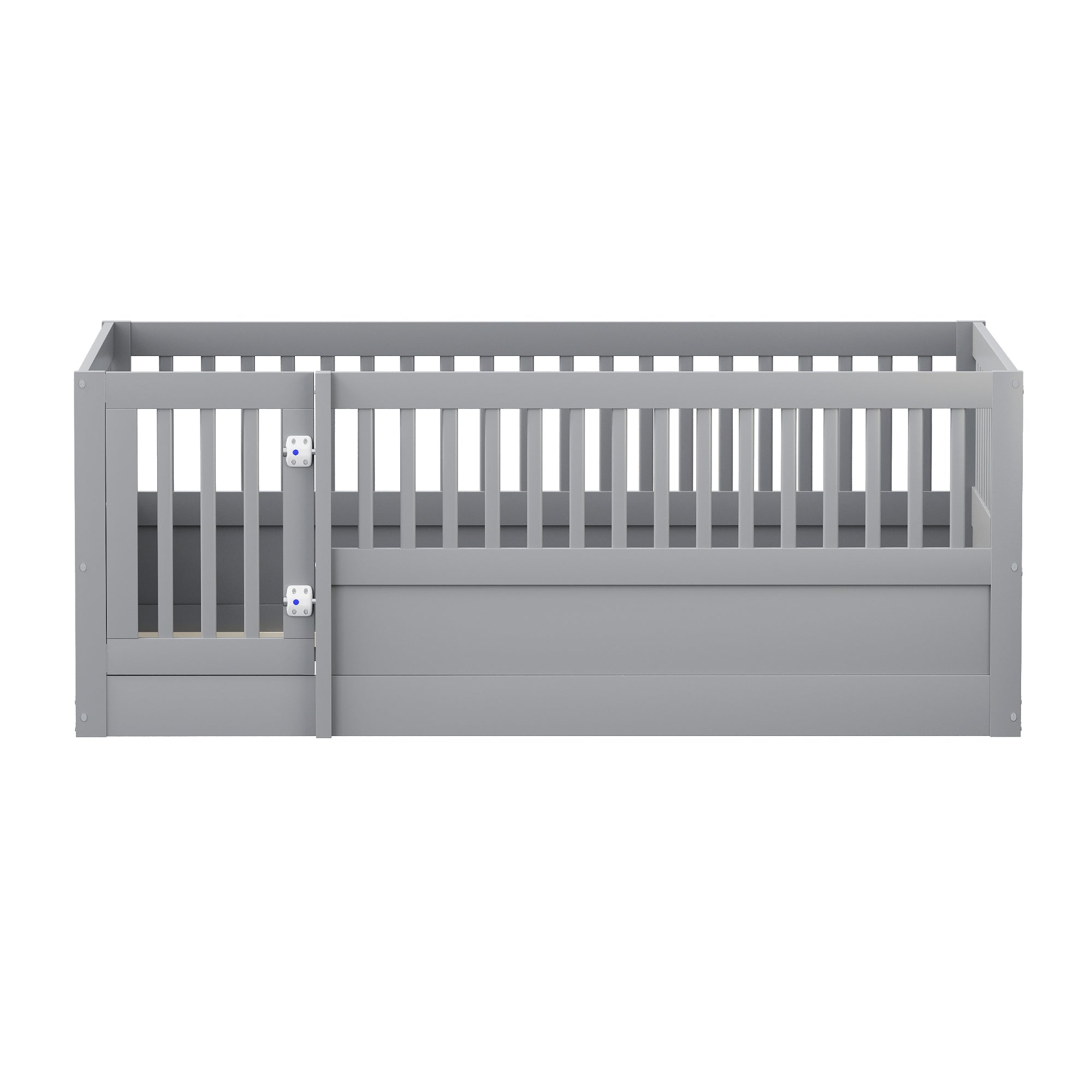 Children's Bed 140 x 200 cm, Wooden Frame with Bars & Door, Grey