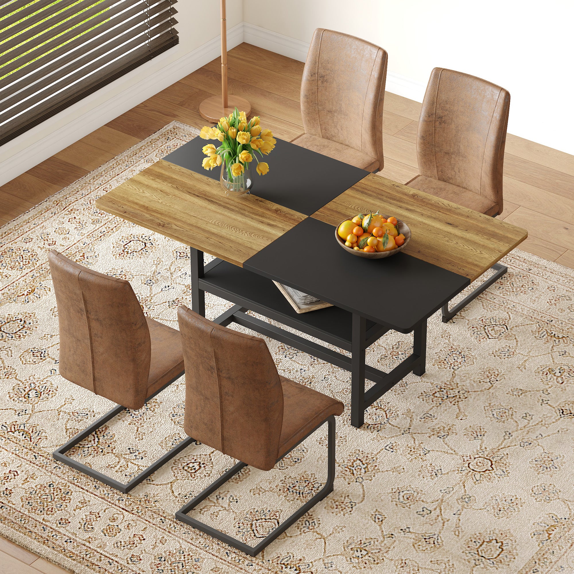 Table Set, Rectangular Dining Table with Storage Shelf & 4 Armchairs, Brown Tech Fabric