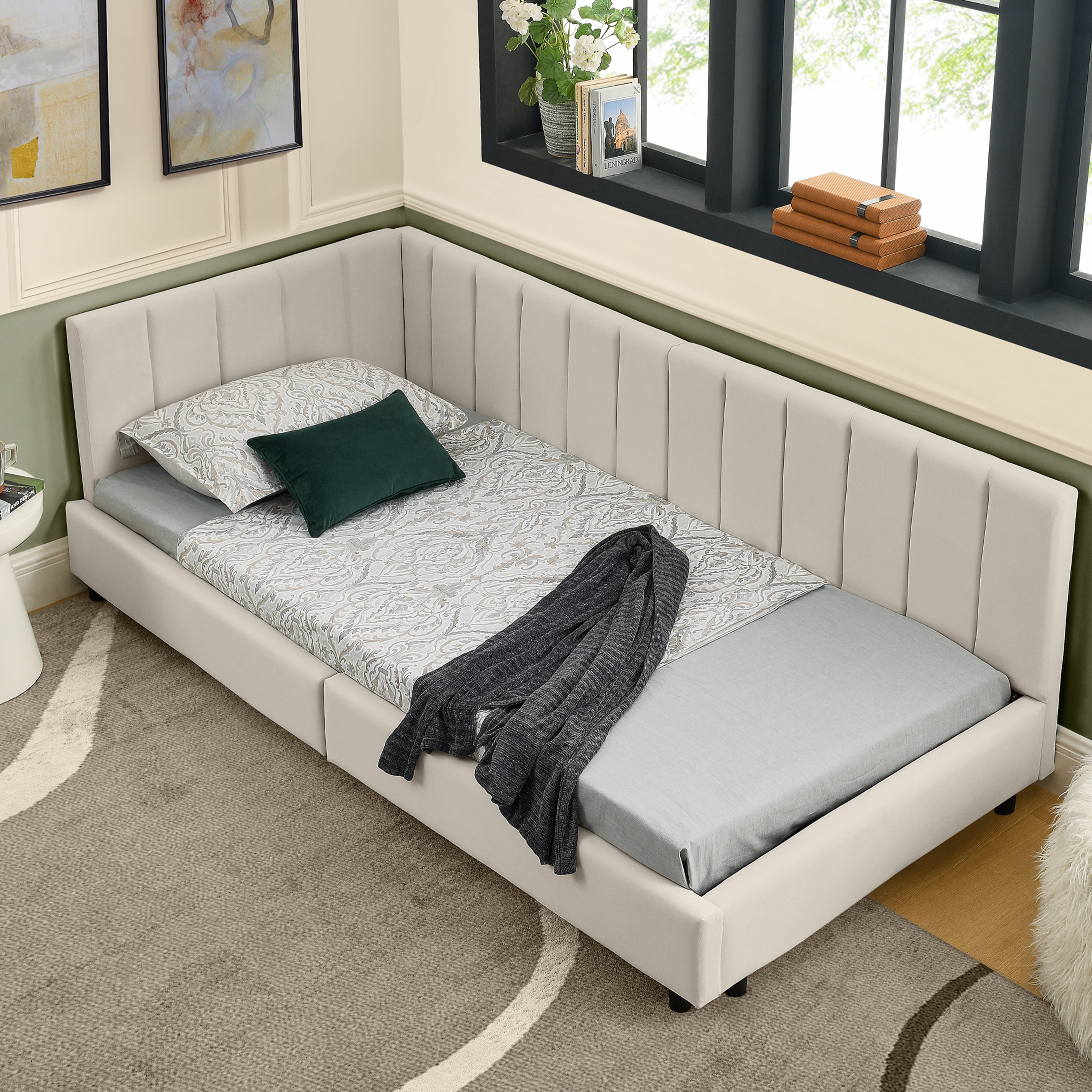 Single Bed 90x200cm High Backrest, Velvet Beige