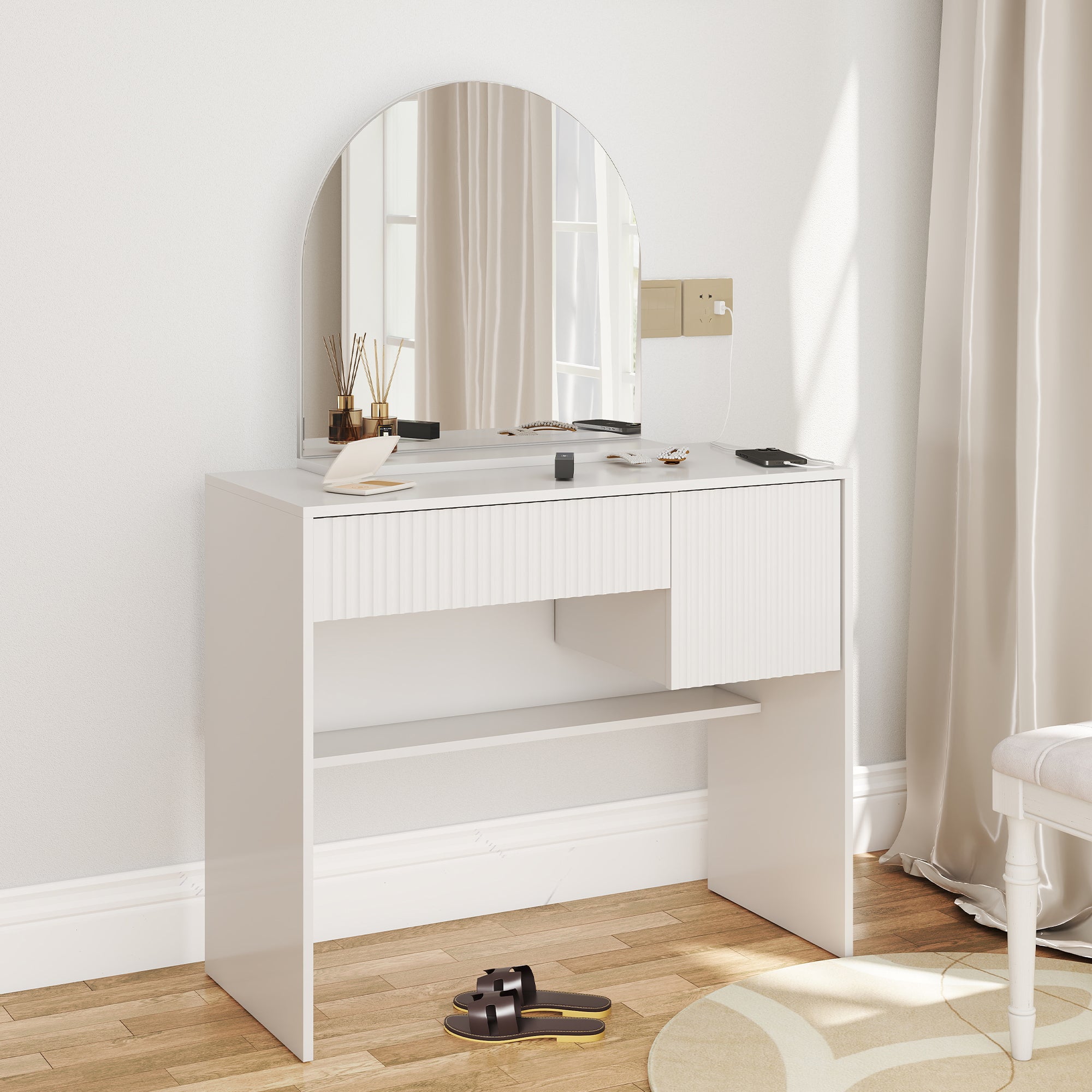 Dressing Table with Mirror, Drawers & Open Shelves - White