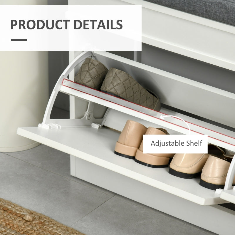 Shoe Storage Bench with Flip Drawers, Seat Cushion, Adjustable Shelf, White