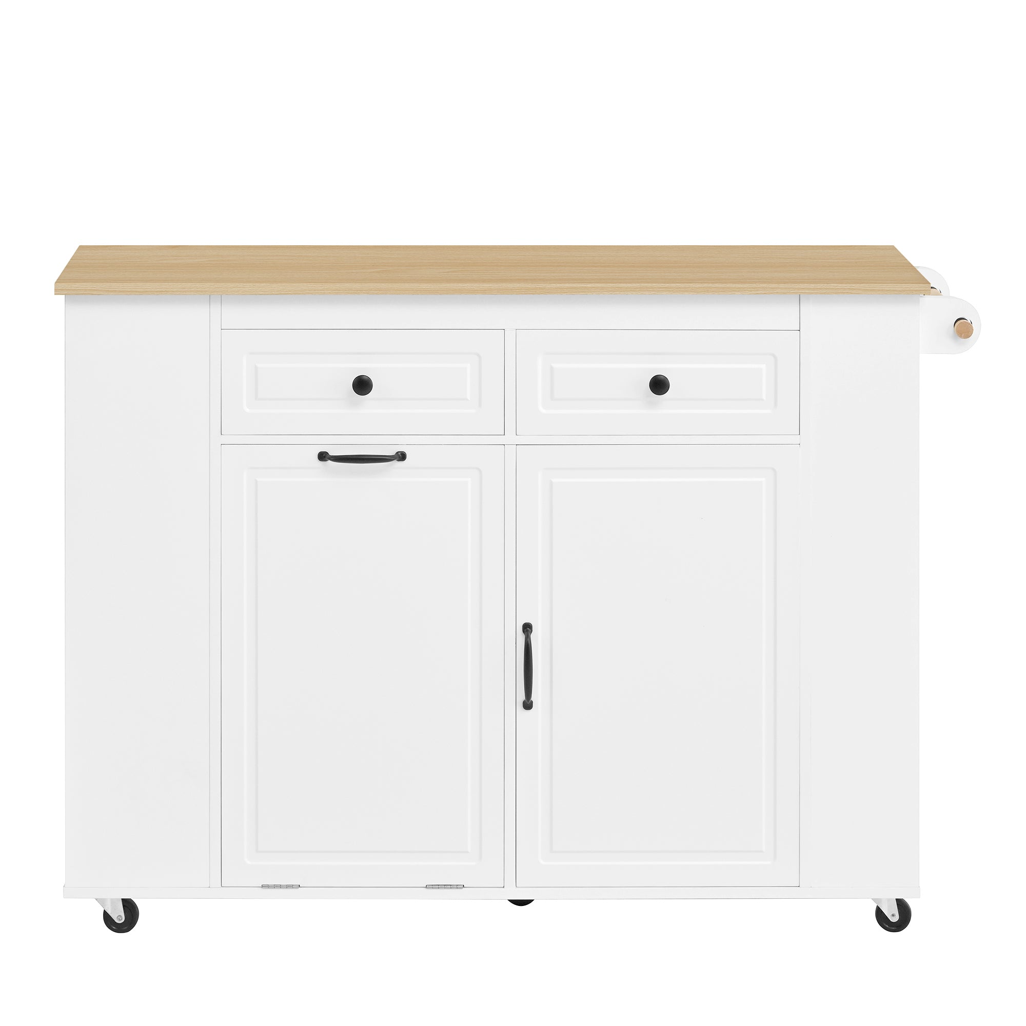 Kitchen Island Mobile Extendable Dining Table Waste Bin Towel Rack Power Strips - White