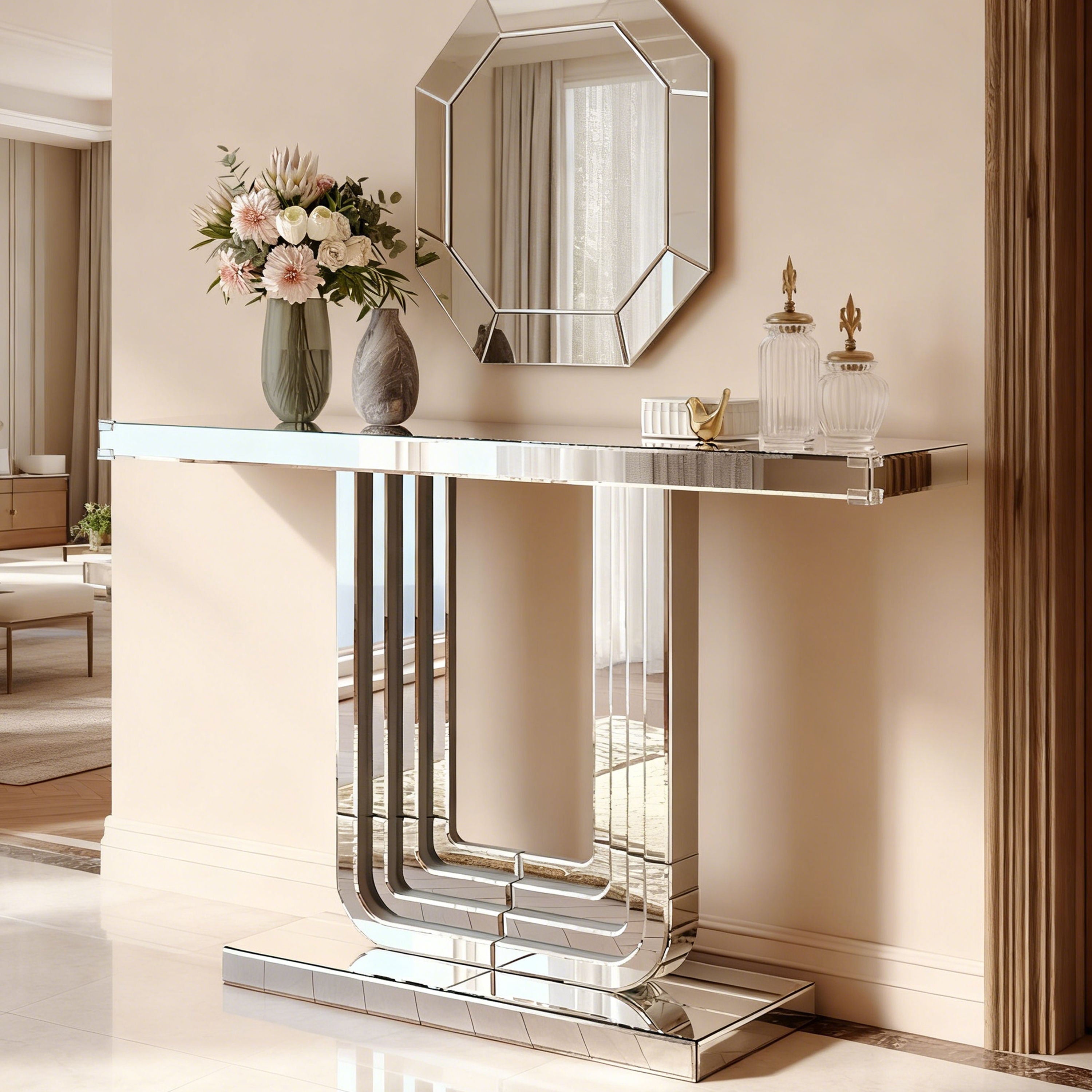 120cm Mirrored Console Table, Elegant U-Shaped Base, Silver Finish