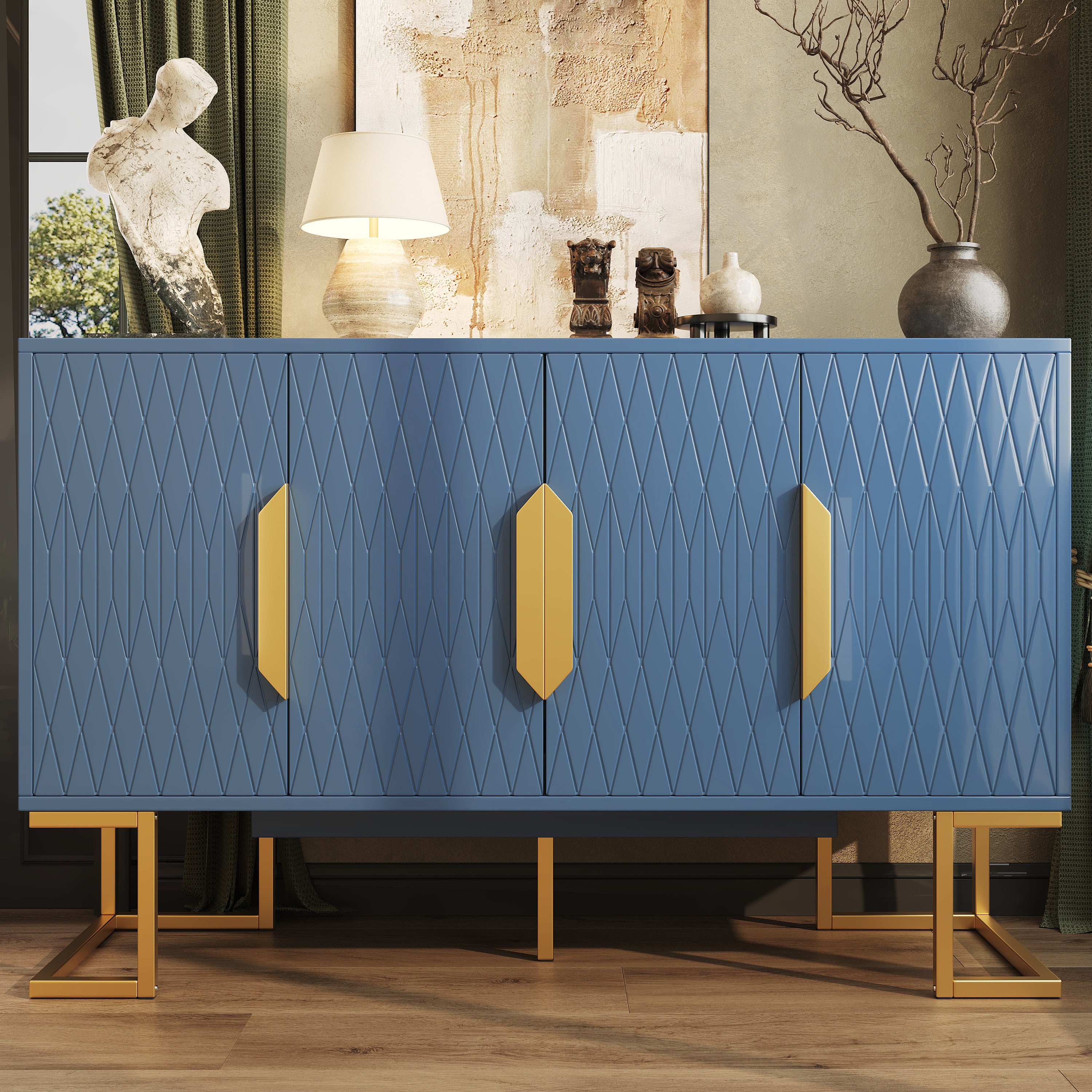 Modern Side Cabinet 140x80cm 4 Doors Adjustable Shelves - Blue/Black