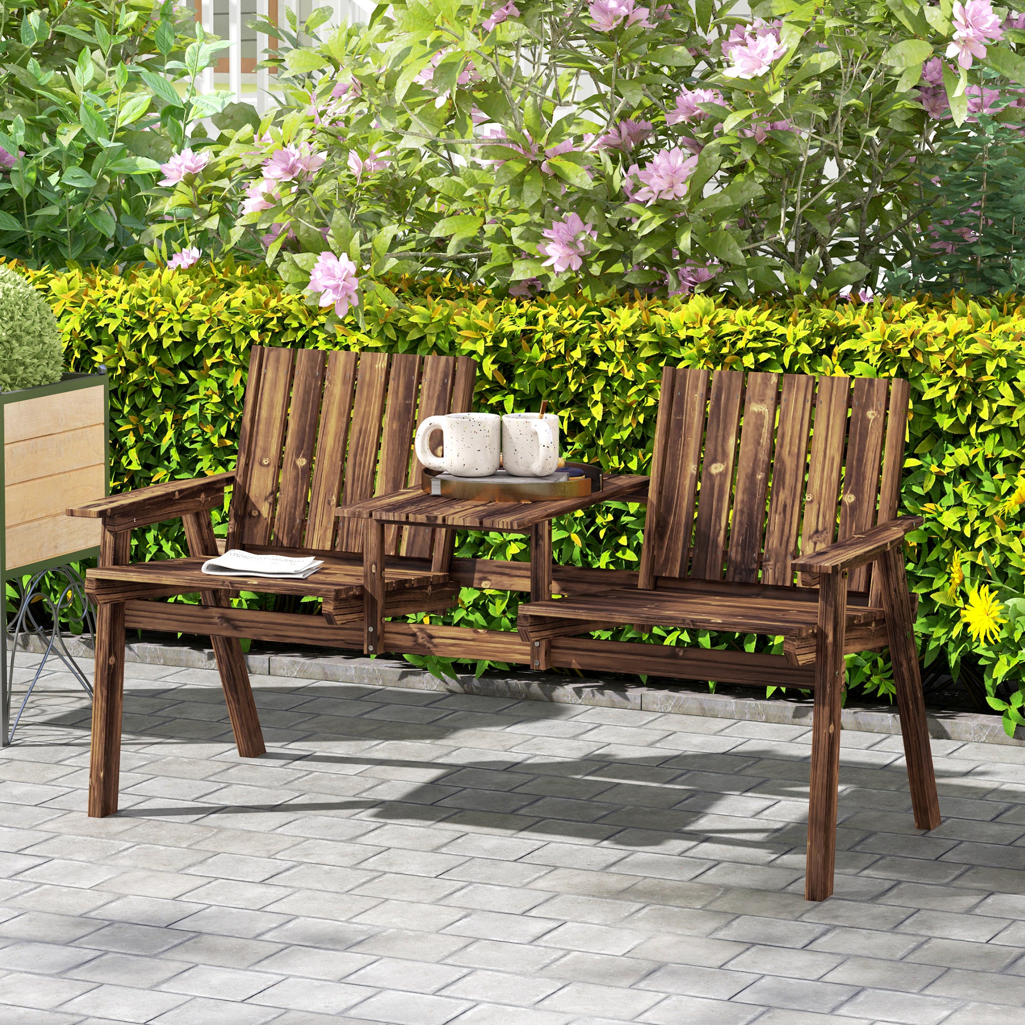 2-Seater Garden Bench with Table & Parasol Hole Wood Carbonised Finish