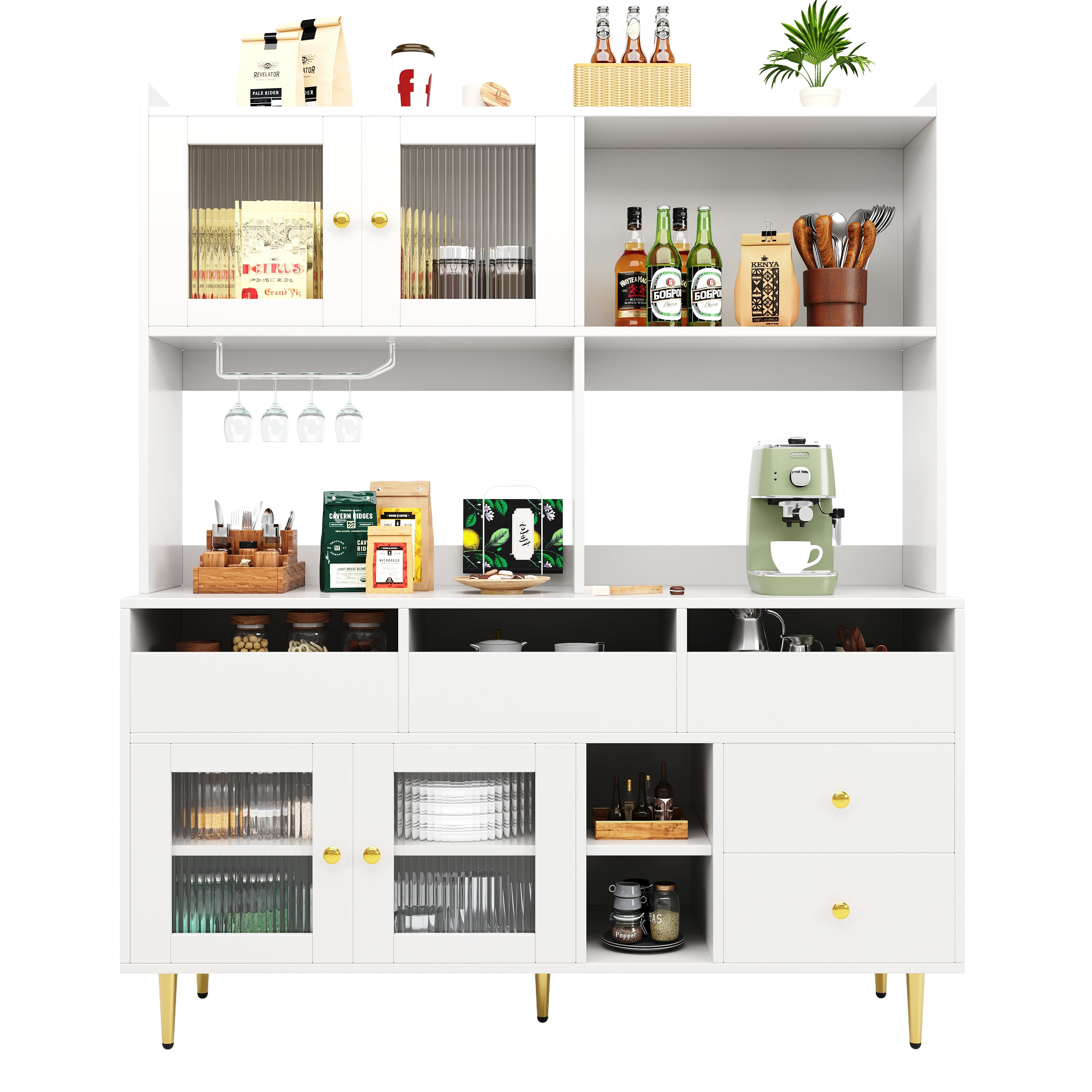 Restaurant Tall Cabinet Glass Door Wine Rack Storage - White/Gold