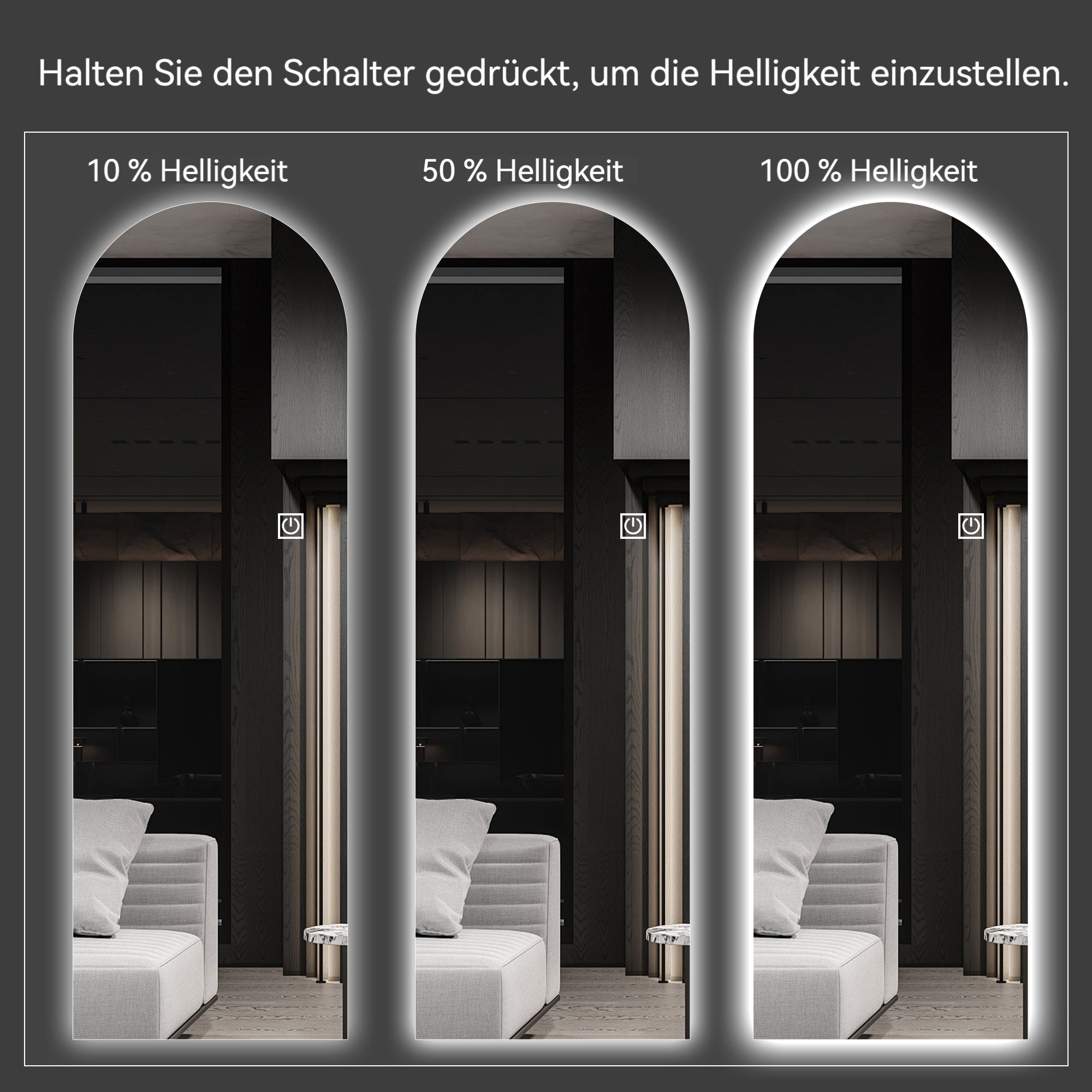 Arched LED Full-Length Mirror, Dimmable High-Resolution Explosion-Proof, Stand or Wall Mountable