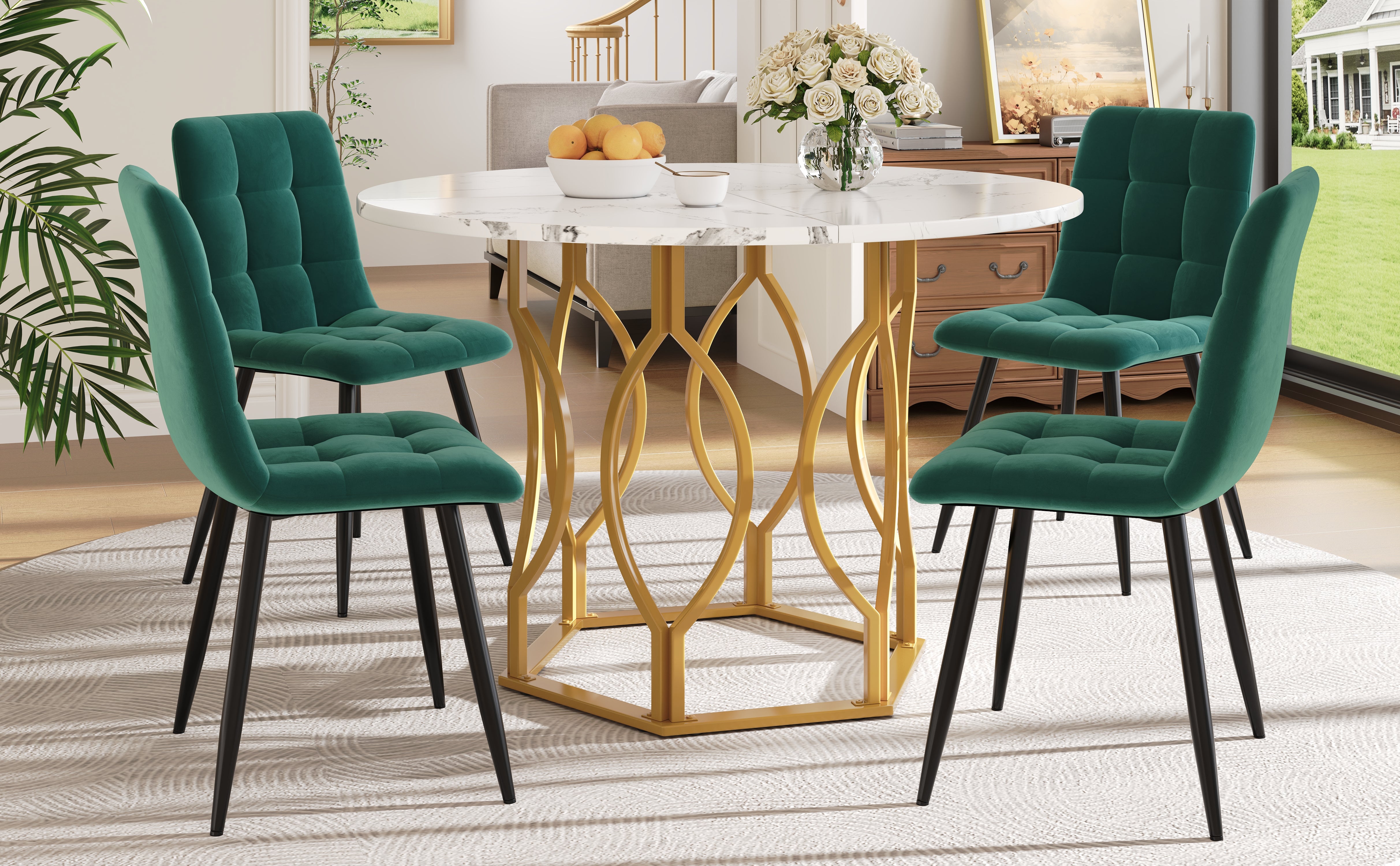 Dining Table Set 5-Piece Round 100cm Gold Metal Legs White MDF Dark Green Velvet