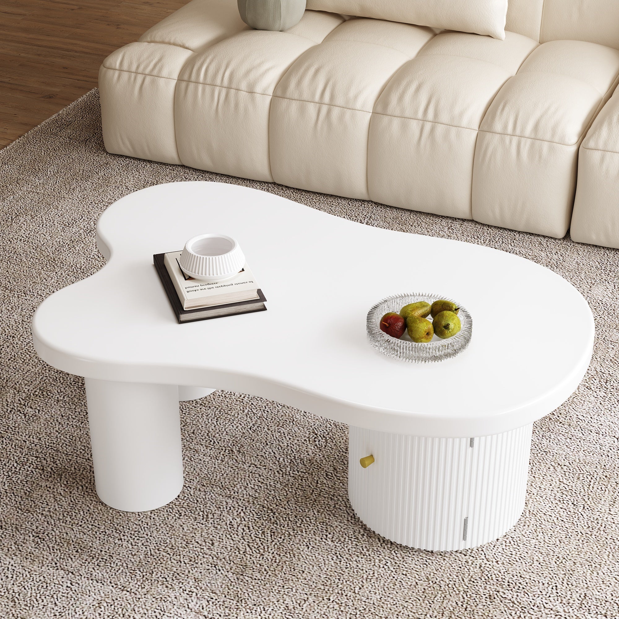 Asymmetrical Coffee Table, Stylish Sturdy with Storage, White