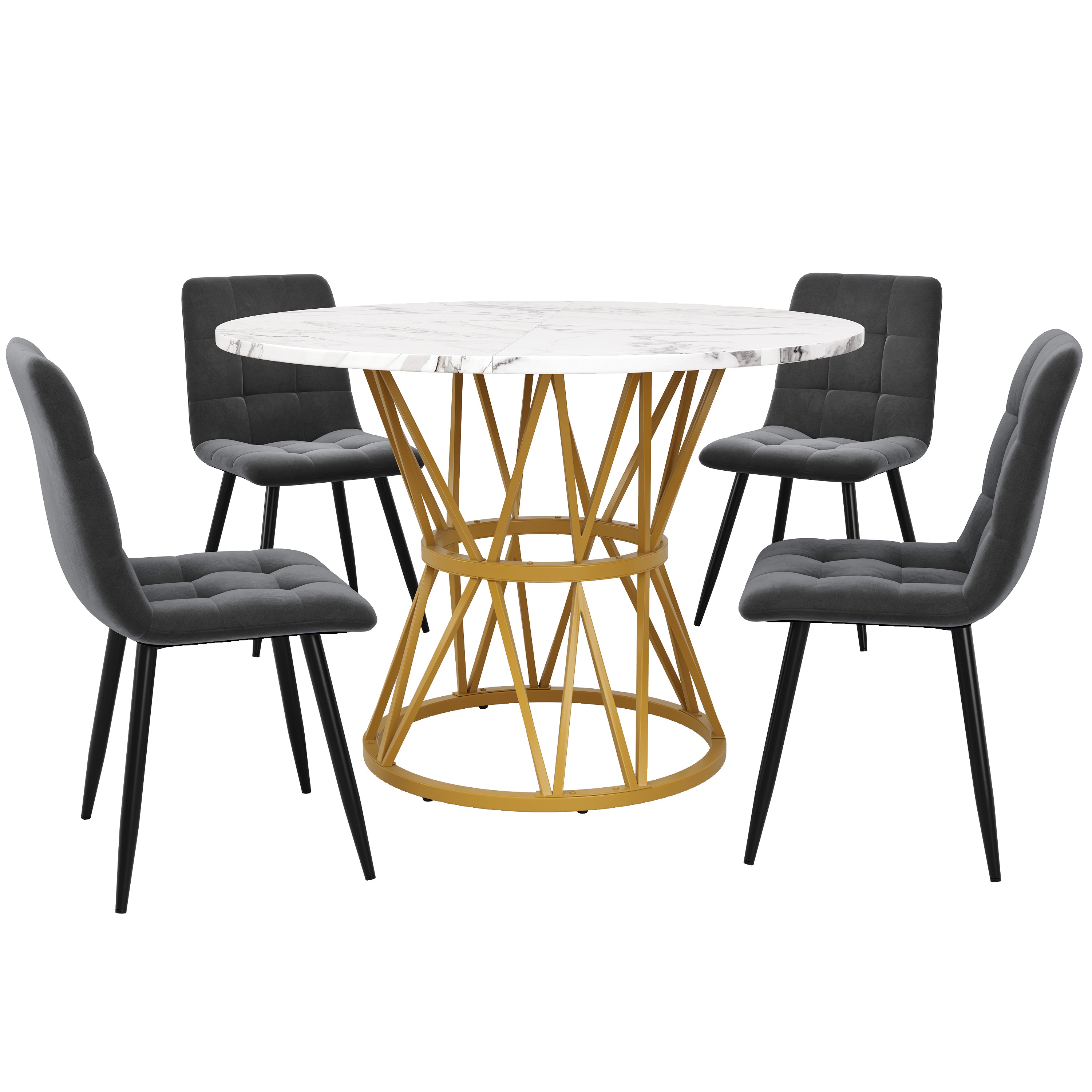 5-Piece Dining Set, Modern Round 100cm Table with 4 Chairs, MDF Marble Top/Grey Velvet
