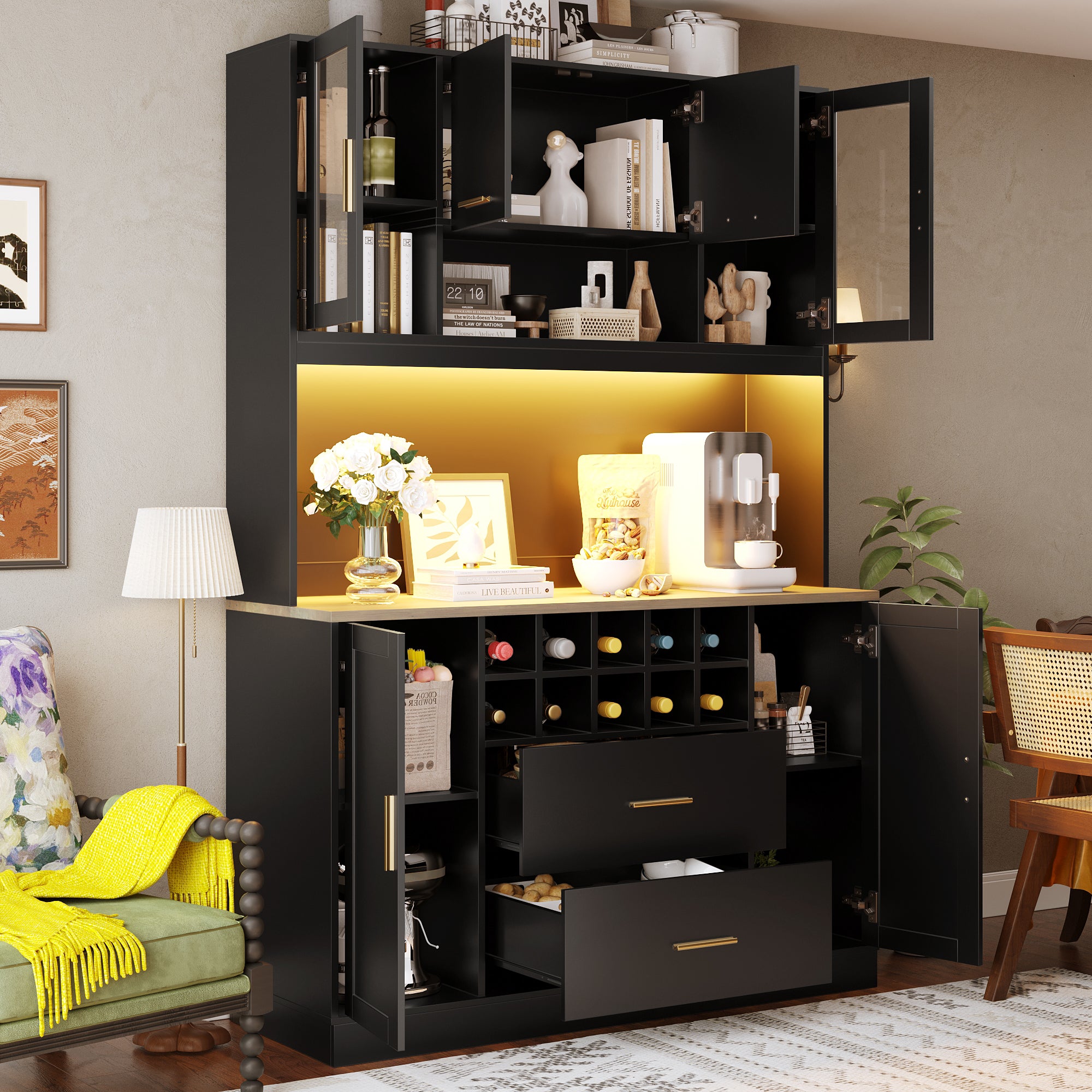 Sideboard with LED Lighting and Power Socket, 6 Doors and 2 Drawers, Black and Gold