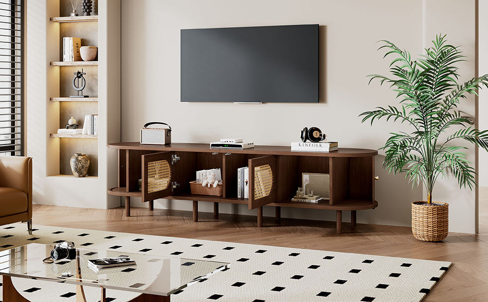 Oval TV Stand 180cm Rattan Design with 2 Sliding Doors Dark Walnut