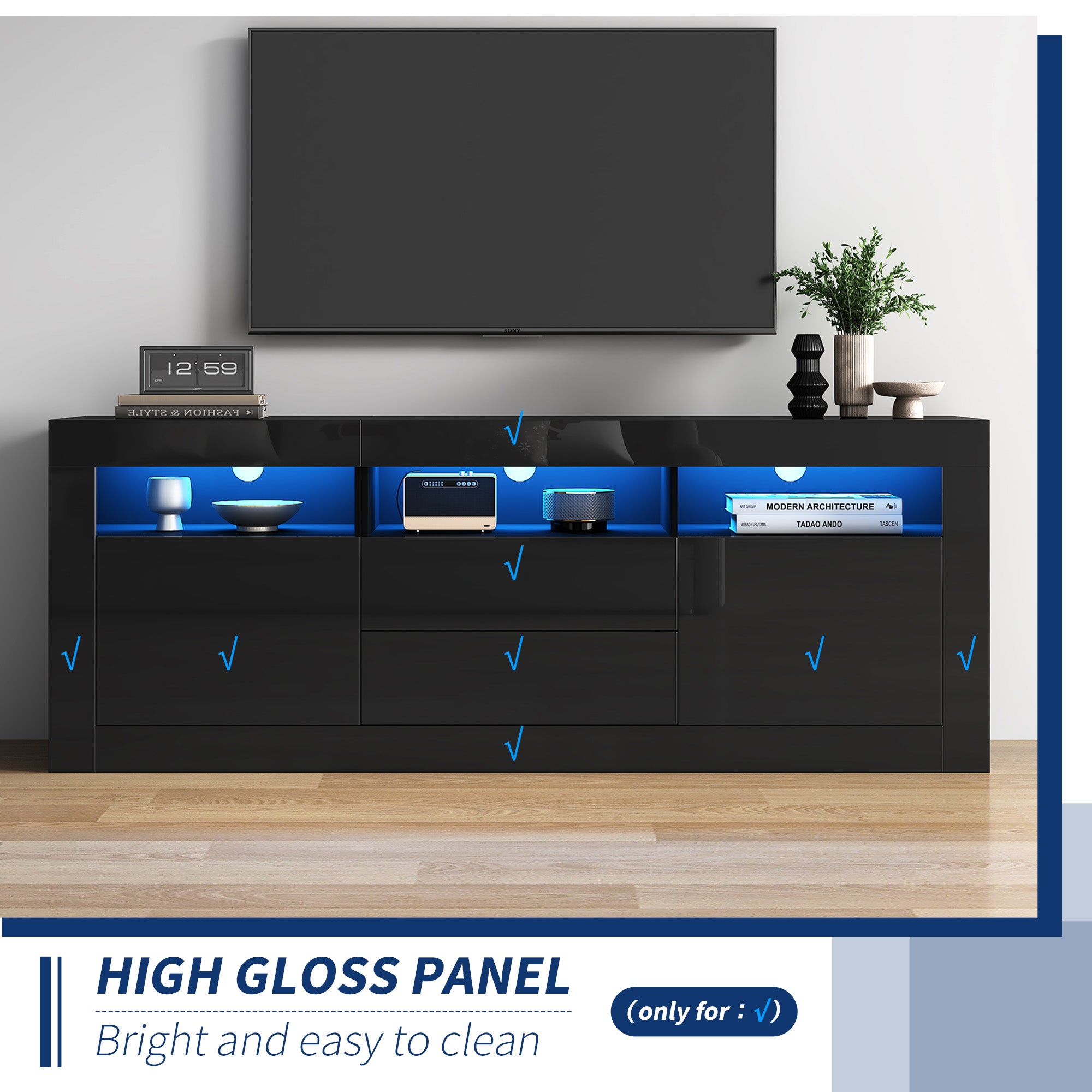 TV Cabinet, 160x35x60cm LED Lighting, 3 Open, 2 Door, 2 Drawer, Smart App Control, for 70-inch TVs, High Gloss