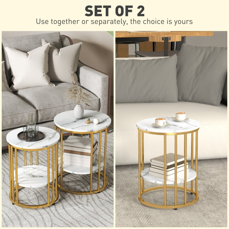 Coffee Tables Set of Two Marble-Effect White/Gold-Tone