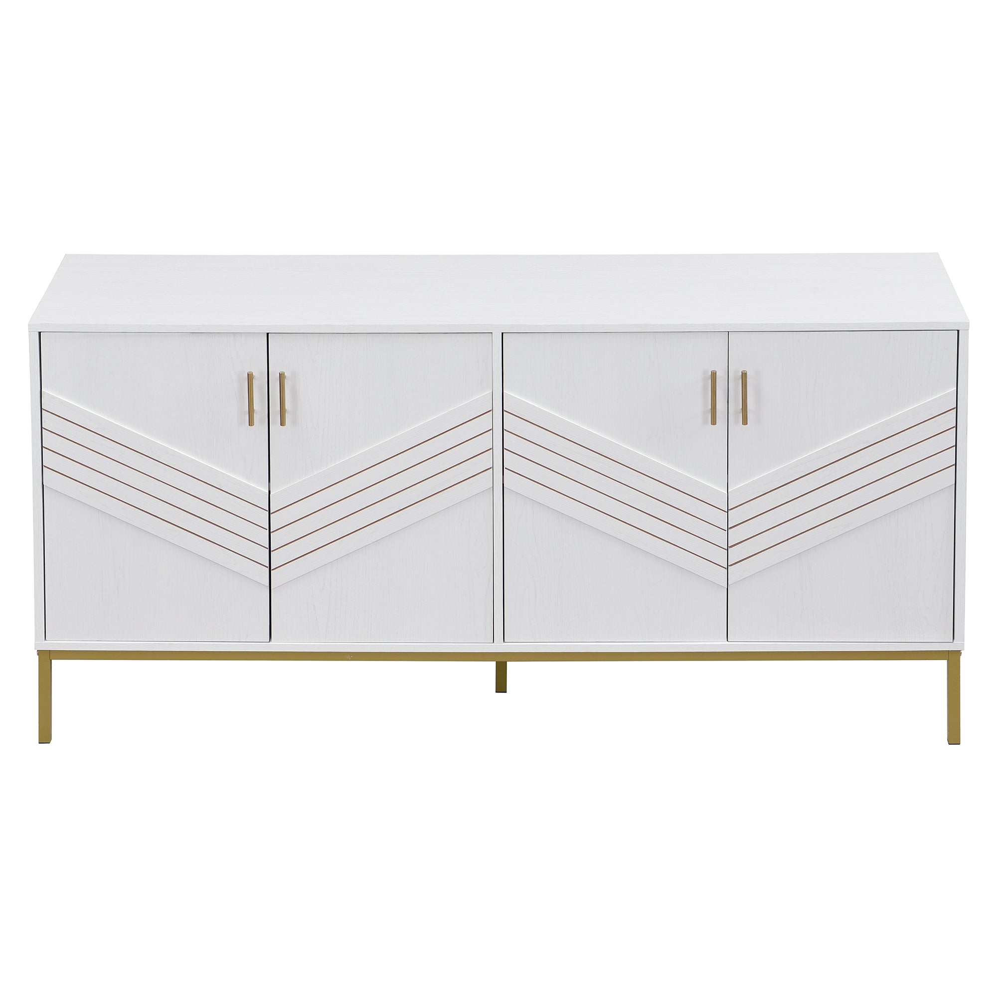 Sideboard, 4 Doors, Large Capacity, Height-Adjustable, White & Gold MDF