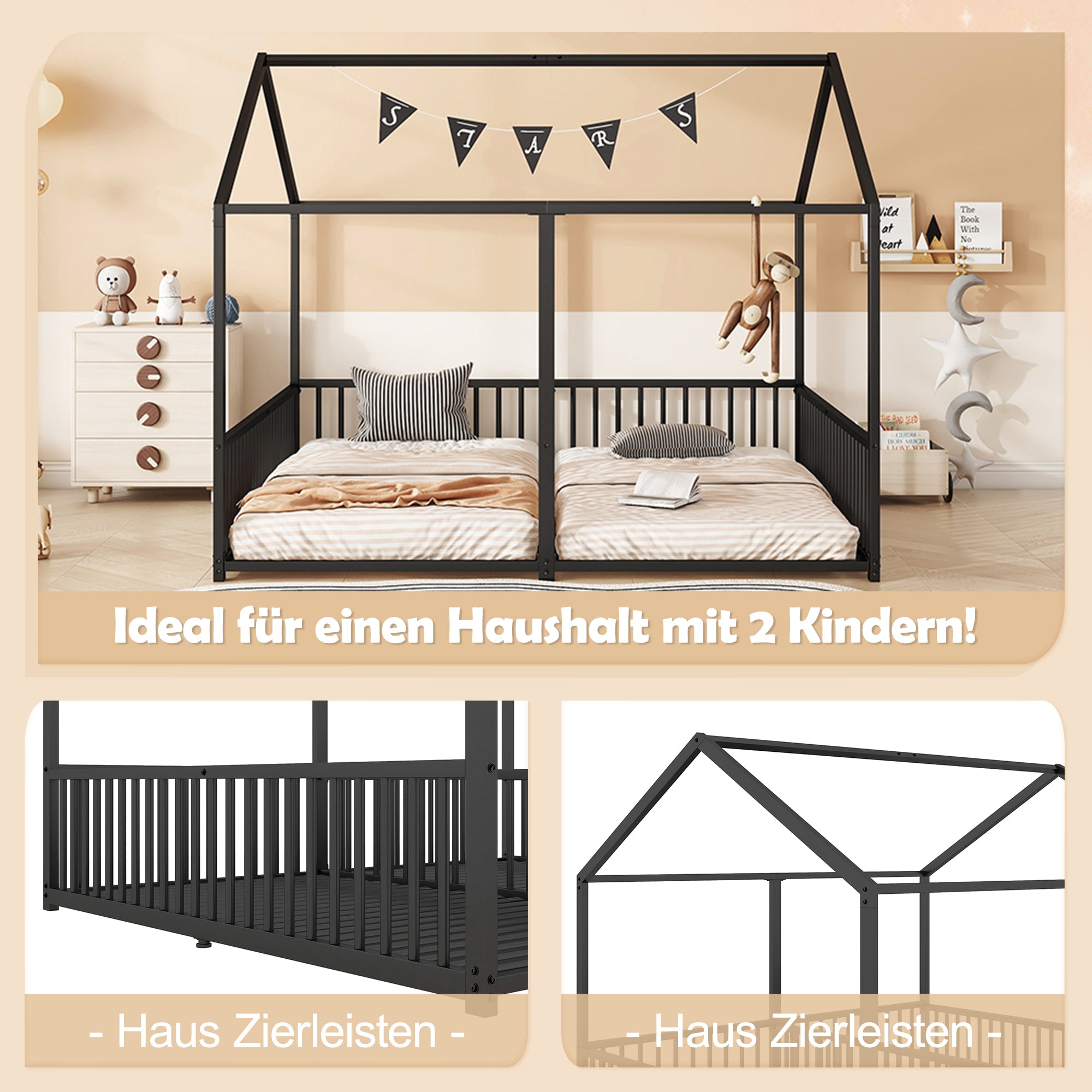 Metal Bed, Children's Bed 90x200cm House Design Double Bed, Black Iron Frame