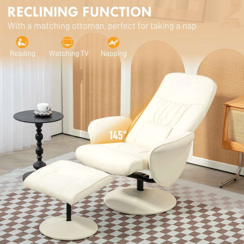 Swivel Recliner Chair with Footstool, High Back PU Leather, Cream White