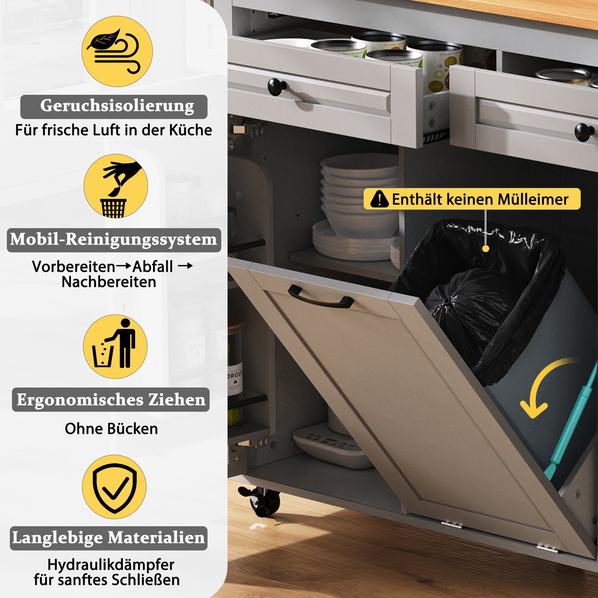 Kitchen Island on Wheels Extendable Worktop Waste Bin Power Strips - Grey
