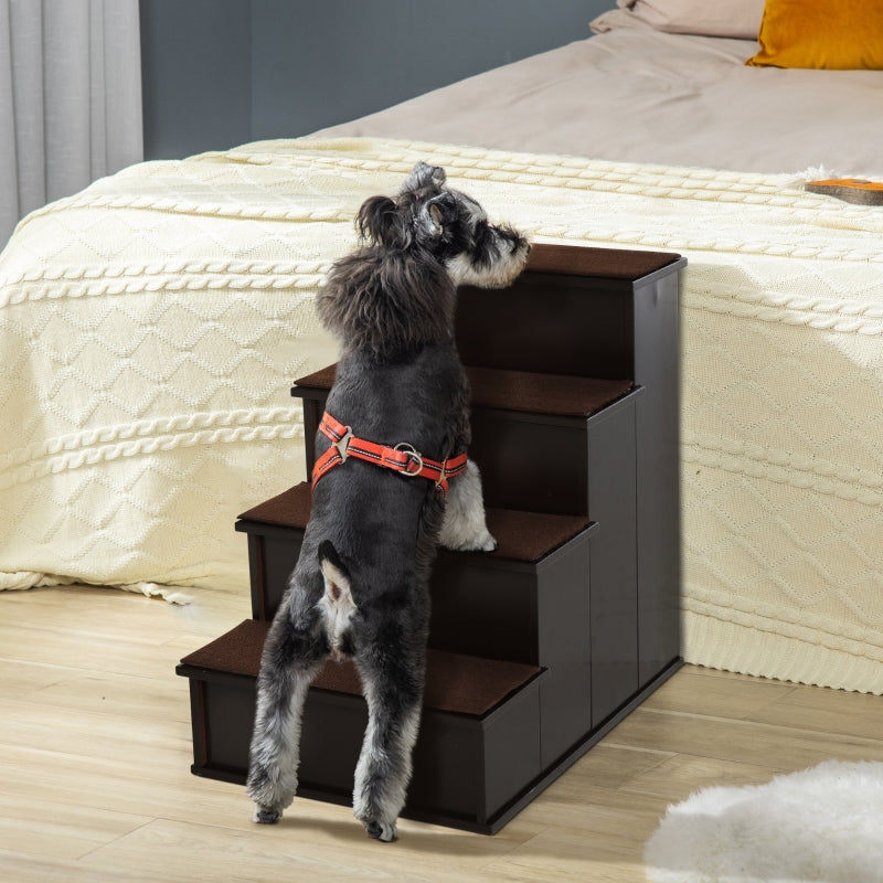 4 Step Wooden Dog Steps for Dogs, Non-Slip Carpet, Dark brown