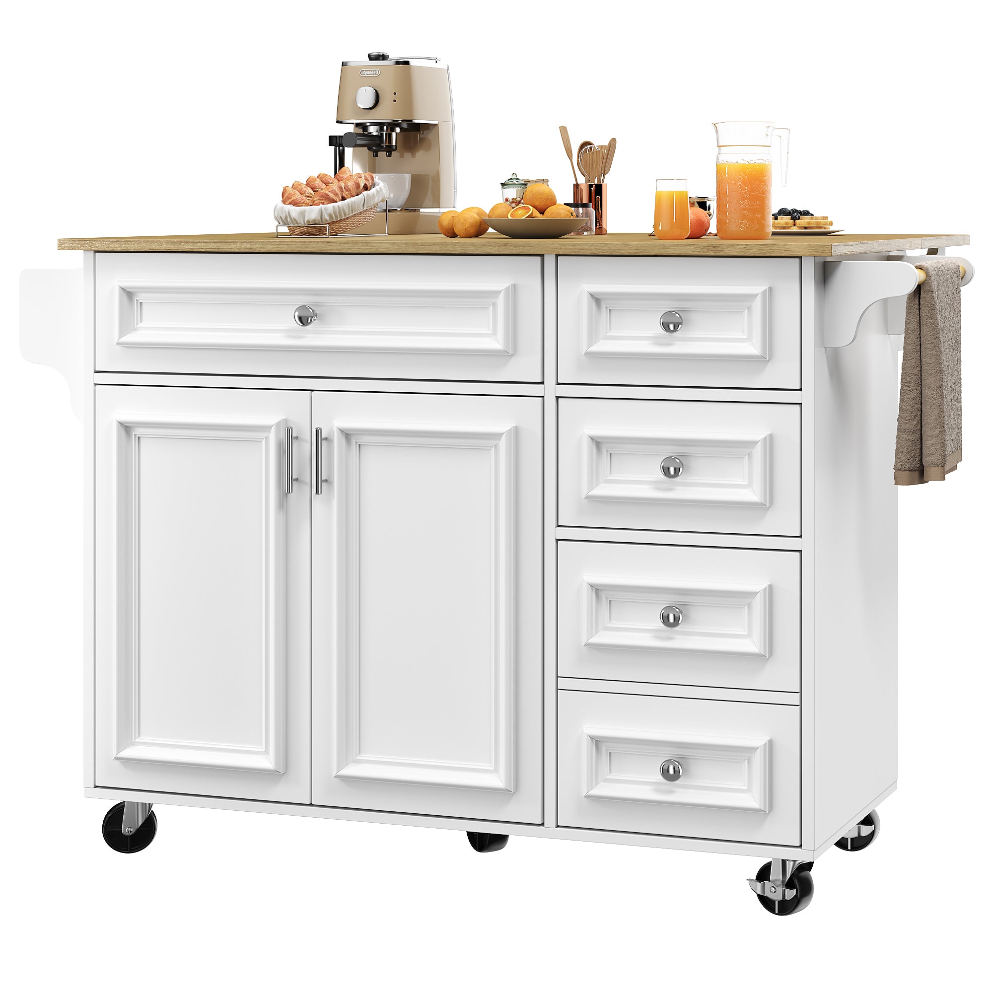 Kitchen Island Multifunctional Dining Table Removable Trolley Storage - White