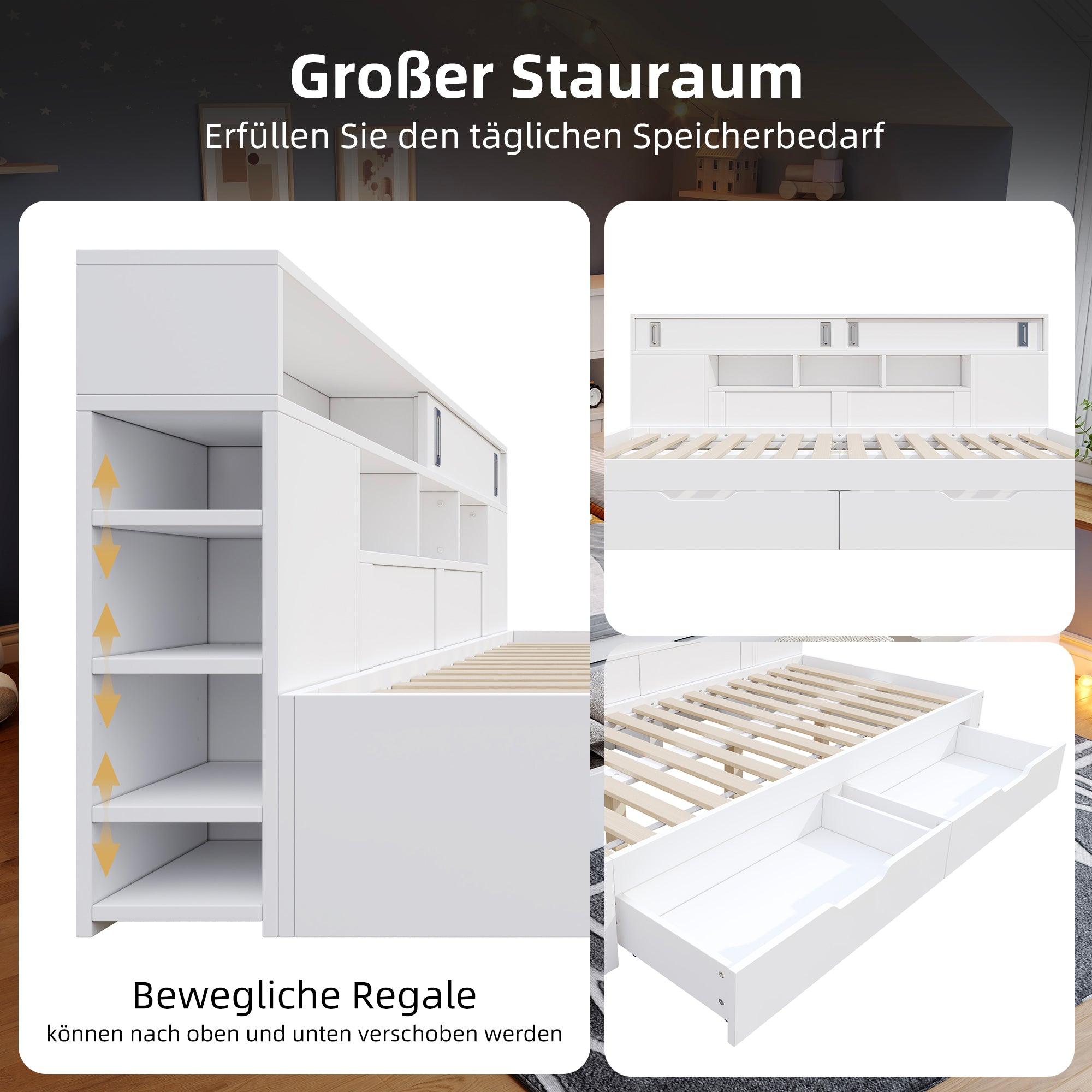 Daybed Single Bed 90x200cm Multifunctional Drawers Bookshelf Storage - White