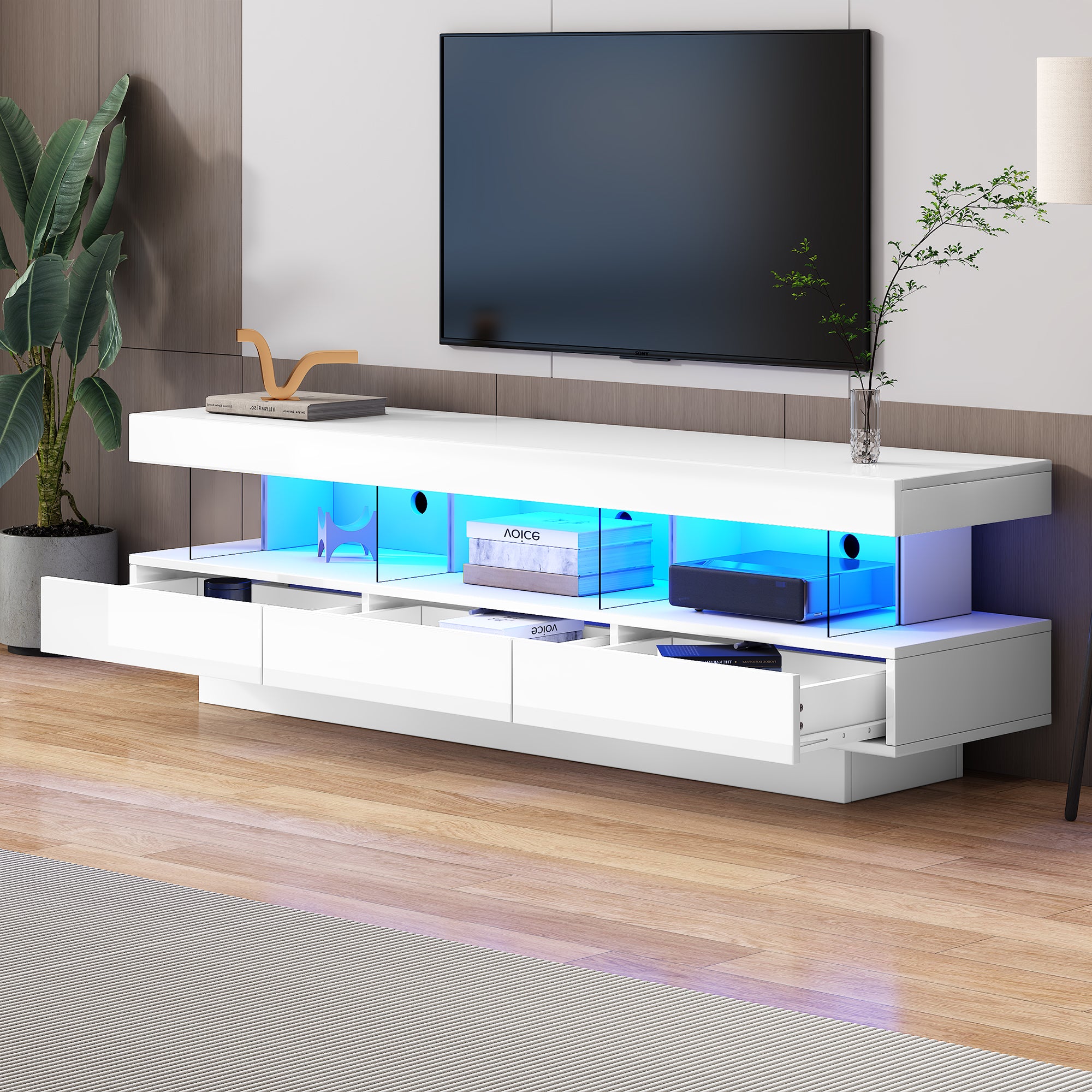 TV Cabinet, 160x38x50.5cm High-Gloss with Glass, LED, App Control, for 70-inch TVs, White
