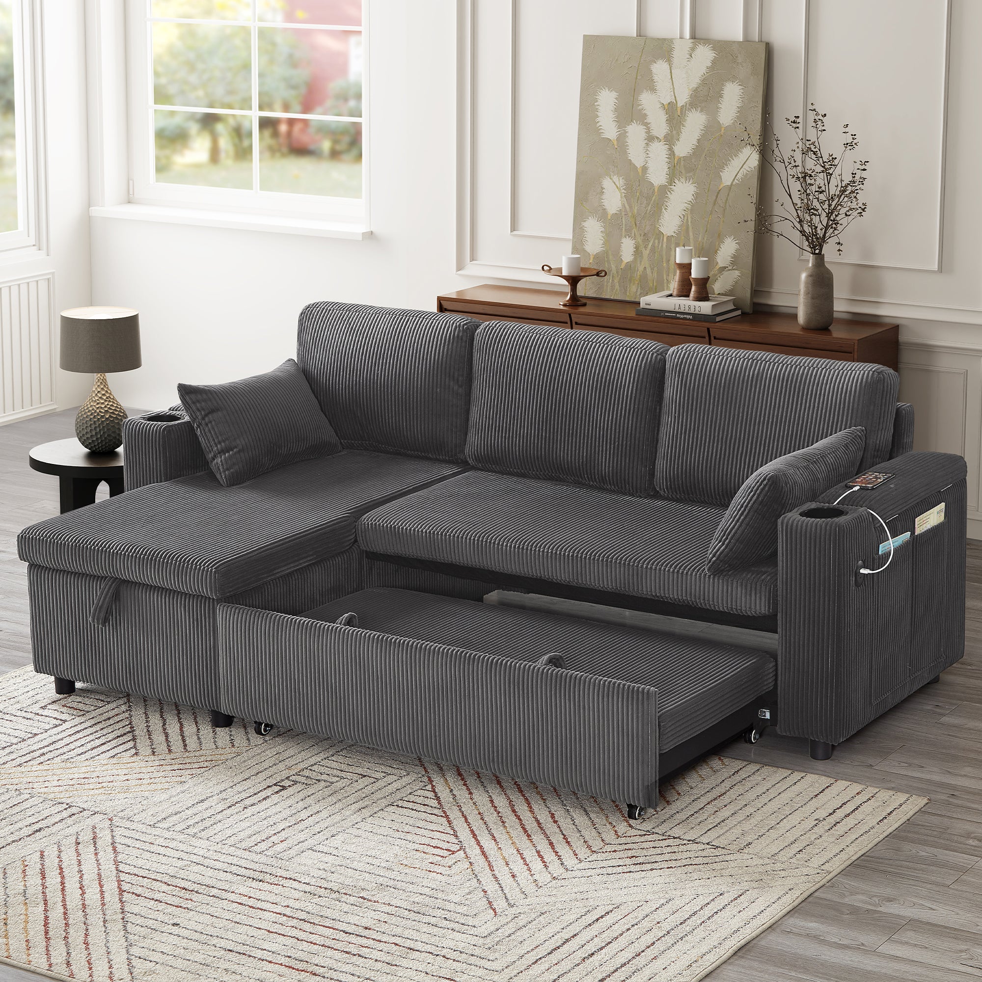 3 in 1 Convertible Corduroy Sofa Bed with Storage Chaise, L Shaped Sleeper Sofa Couches with Armrest Storage and Charging Station, Pullout Sectional Daybed for Living Room/Bedroom/Office, Grey
