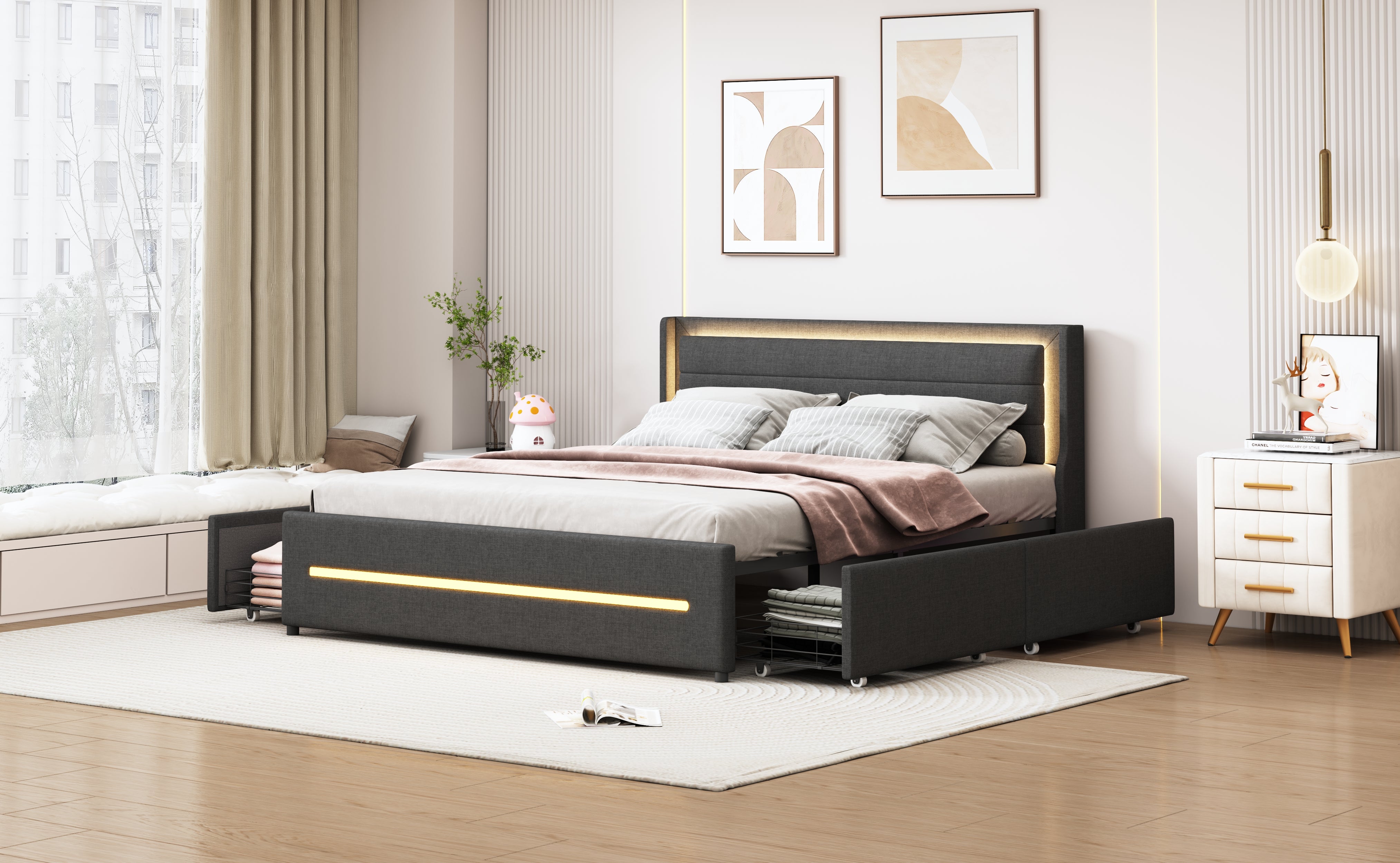 Upholstered Bed 160*200, LED Lighting, 4 Storage, Linen, Gray