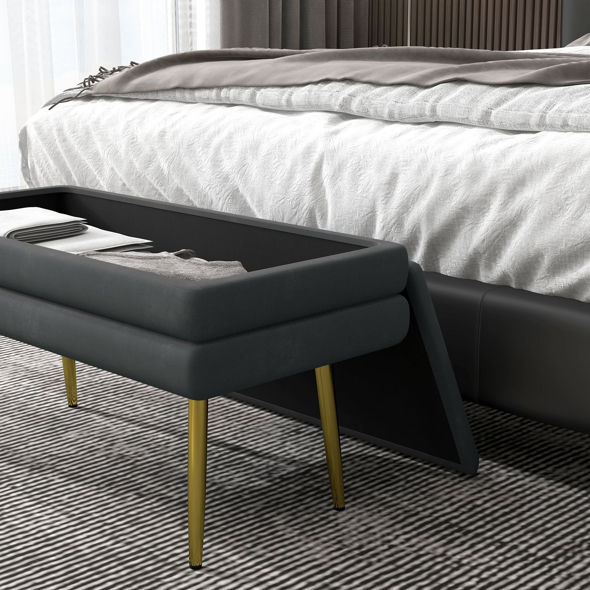 Upholstered Storage Bench, Bed/Shoe Bench Steel Legs, 79.5x37.5x43cm, Grey Velvet