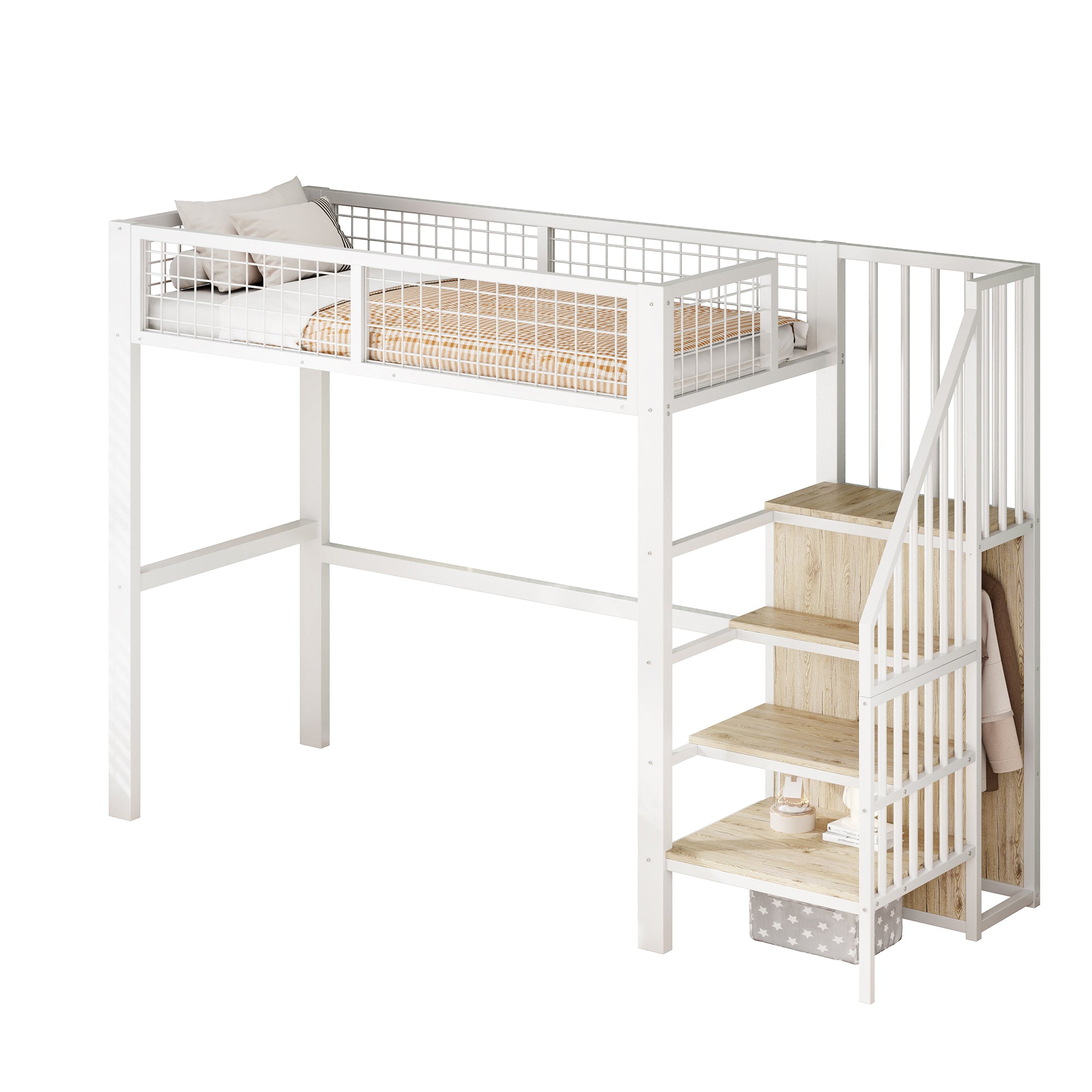 Loft Bed with Ladder, Iron Frame & Storage Shelf, White
