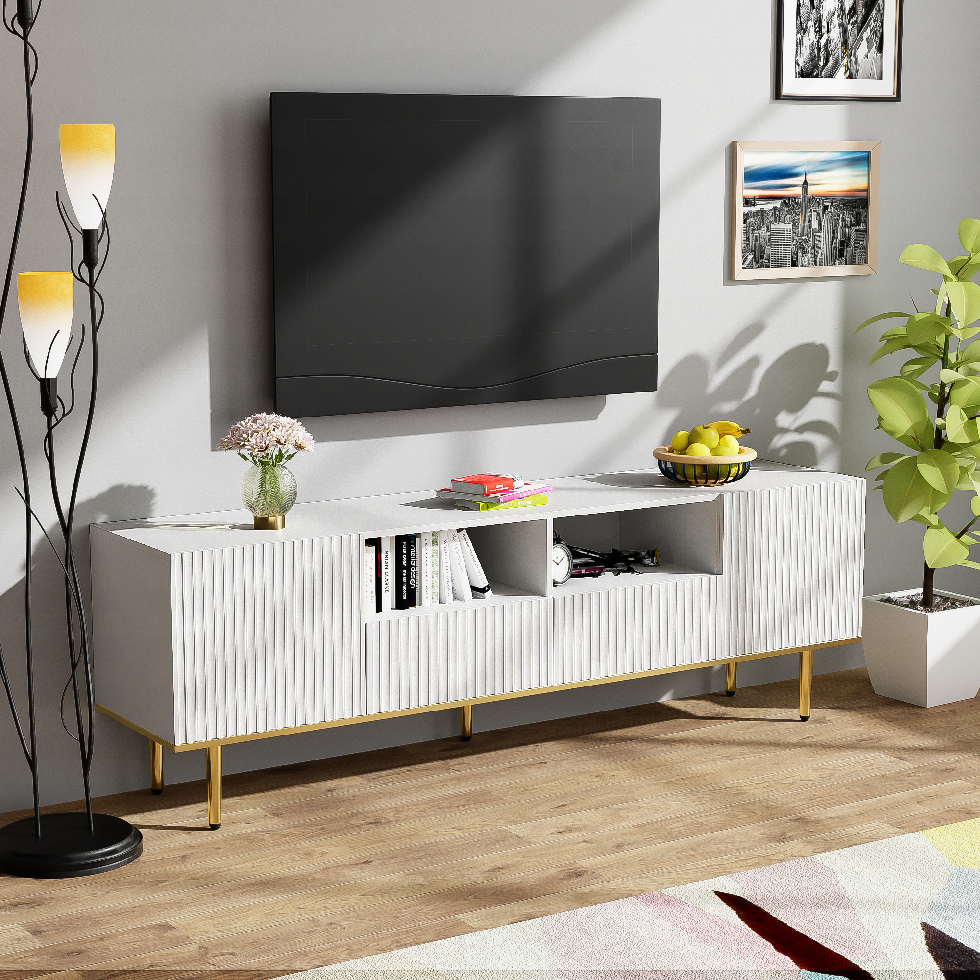 TV Cabinet, Modern with Gold Legs and Trim, Gold