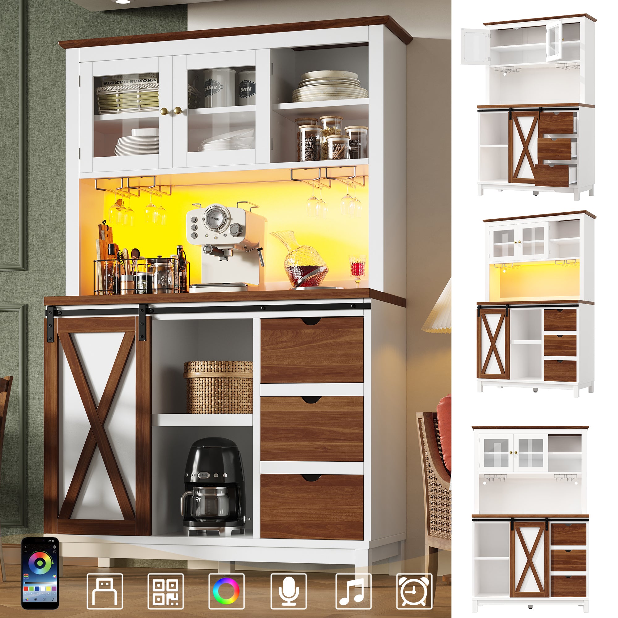 Modern Tall Cabinet with LED Lighting, App Control and Sliding Door, White