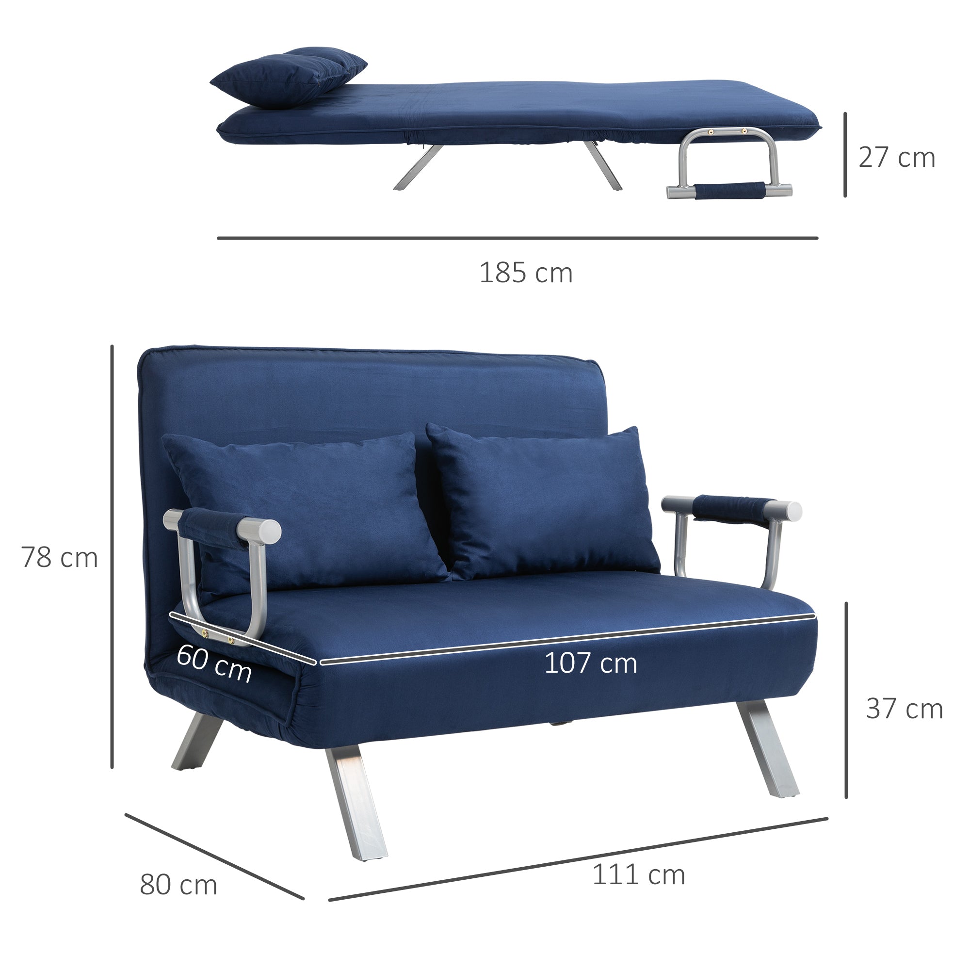 2-seater Sofa Bed, Adjustable Backrest, Velvet Blue