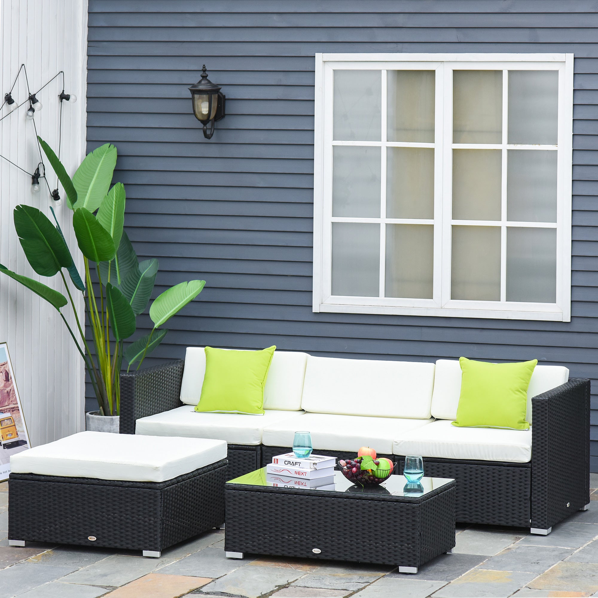 4-Seater Rattan Sofa Set Sectional Sofa Coffee Table with Cushions - Black