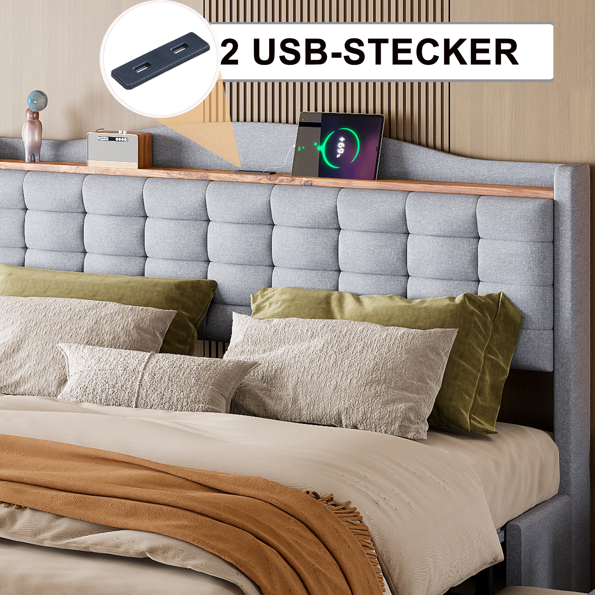 Upholstered Bed 160x200cm, USB Charging, 4-Drawer, Linen Fabric Gray