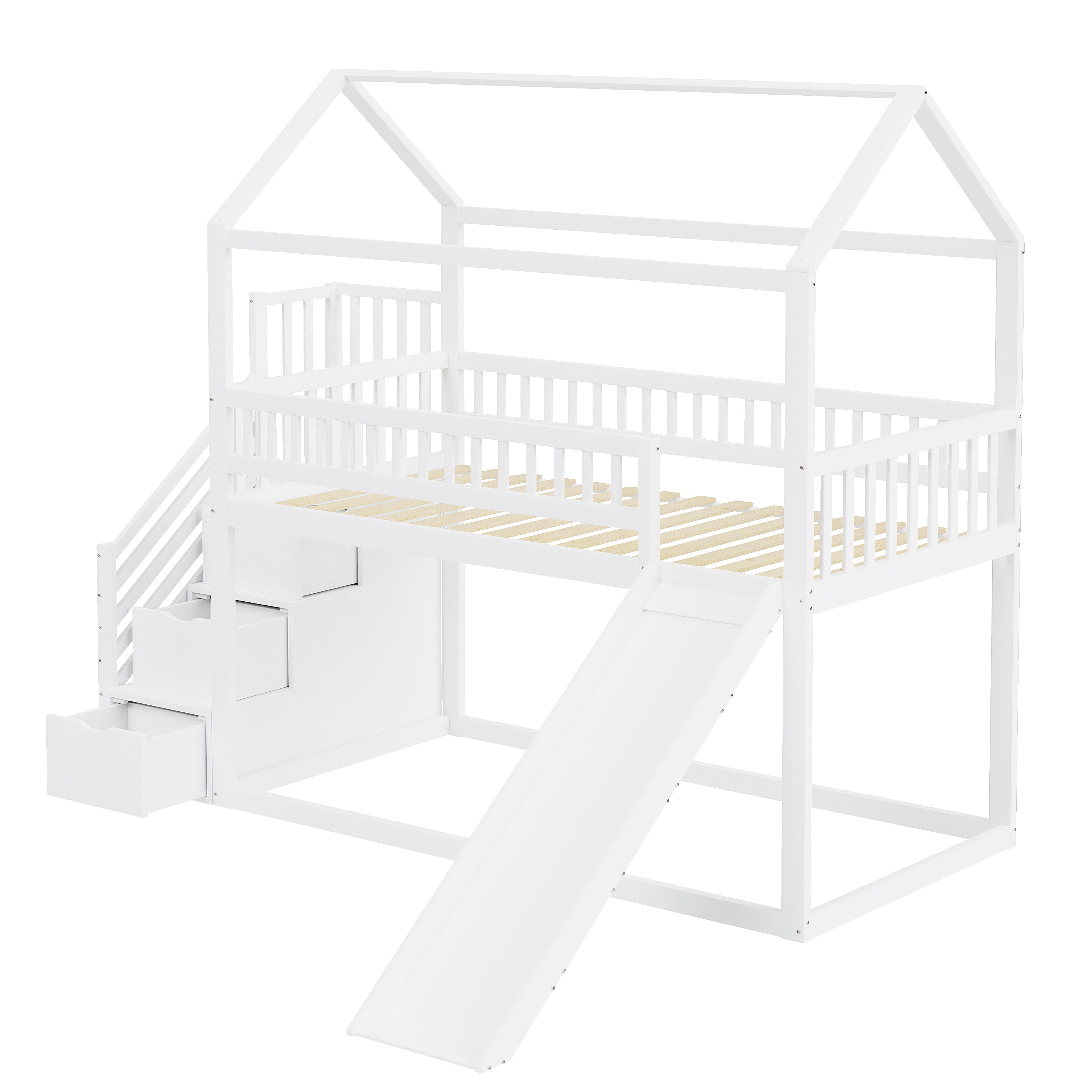 Children's Bunk Bed 90x200 cm, Loft with Slide & Storage Ladder, Solid Wood, White