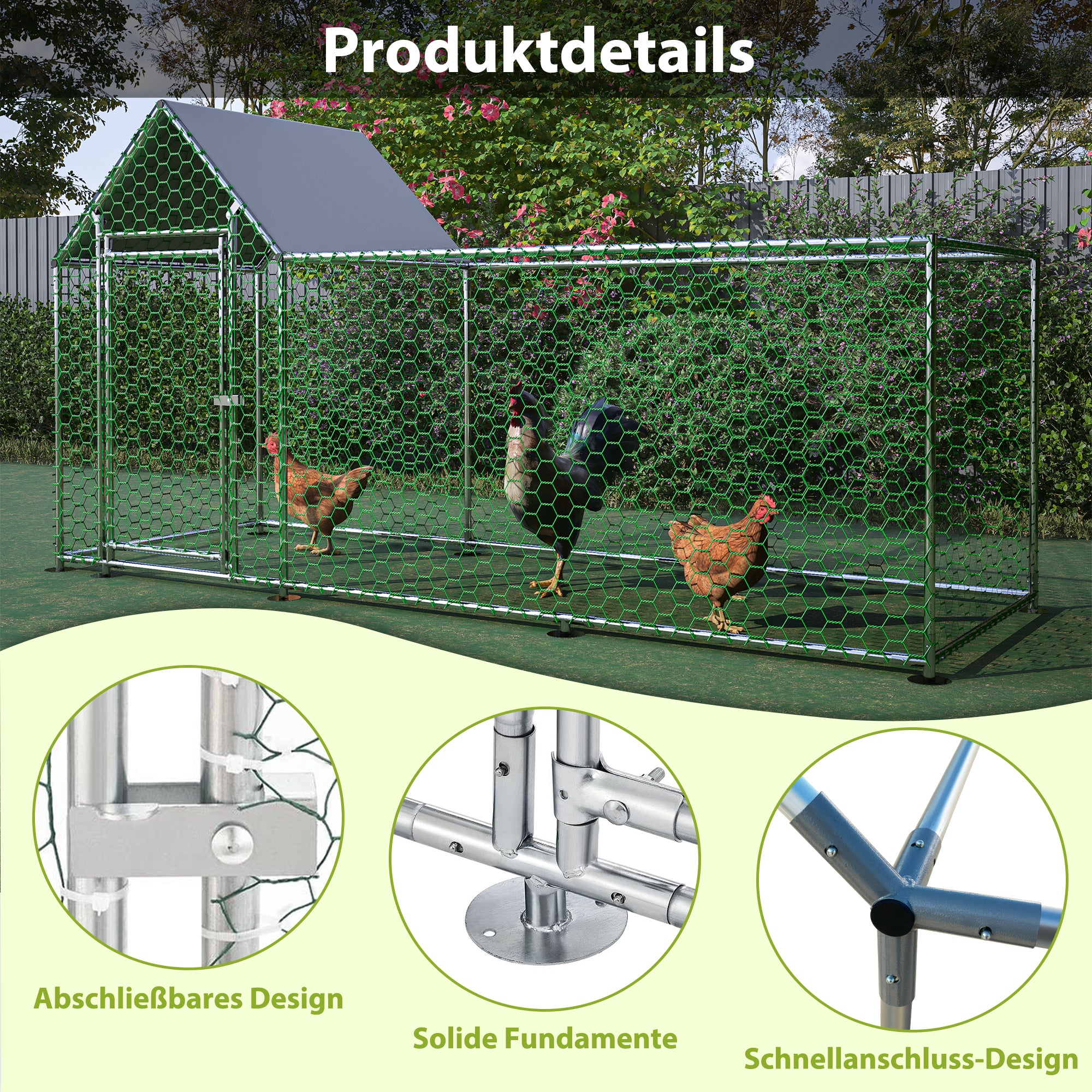 Chicken Coop/Run 3x1x1.5m Safety Lock Waterproof PE Metal Enclosure