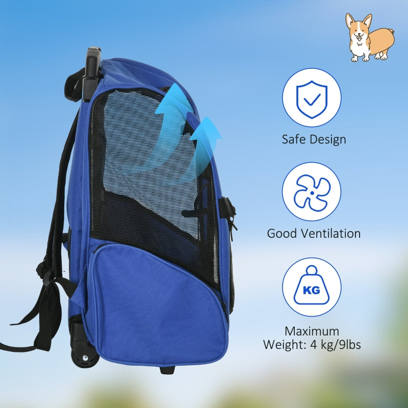 Portable Pet Carrier Backpack with Trolley, Telescopic Handle, Stroller Wheels, Blue