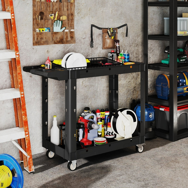 Workshop trolley, 2 levels, side handle, hook holes, 227 kg load capacity, black