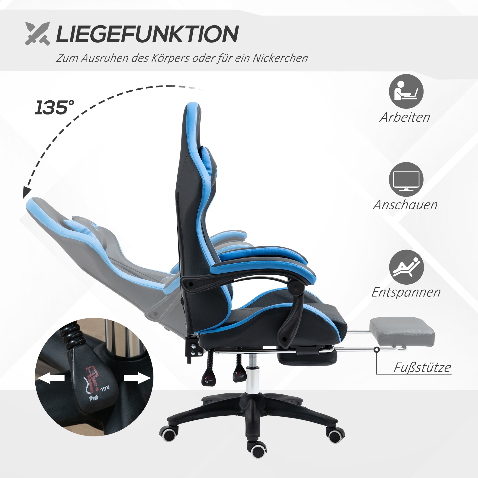 Vinsetto Gaming Chair, Height-Adjustable, Reclining, Blue Black