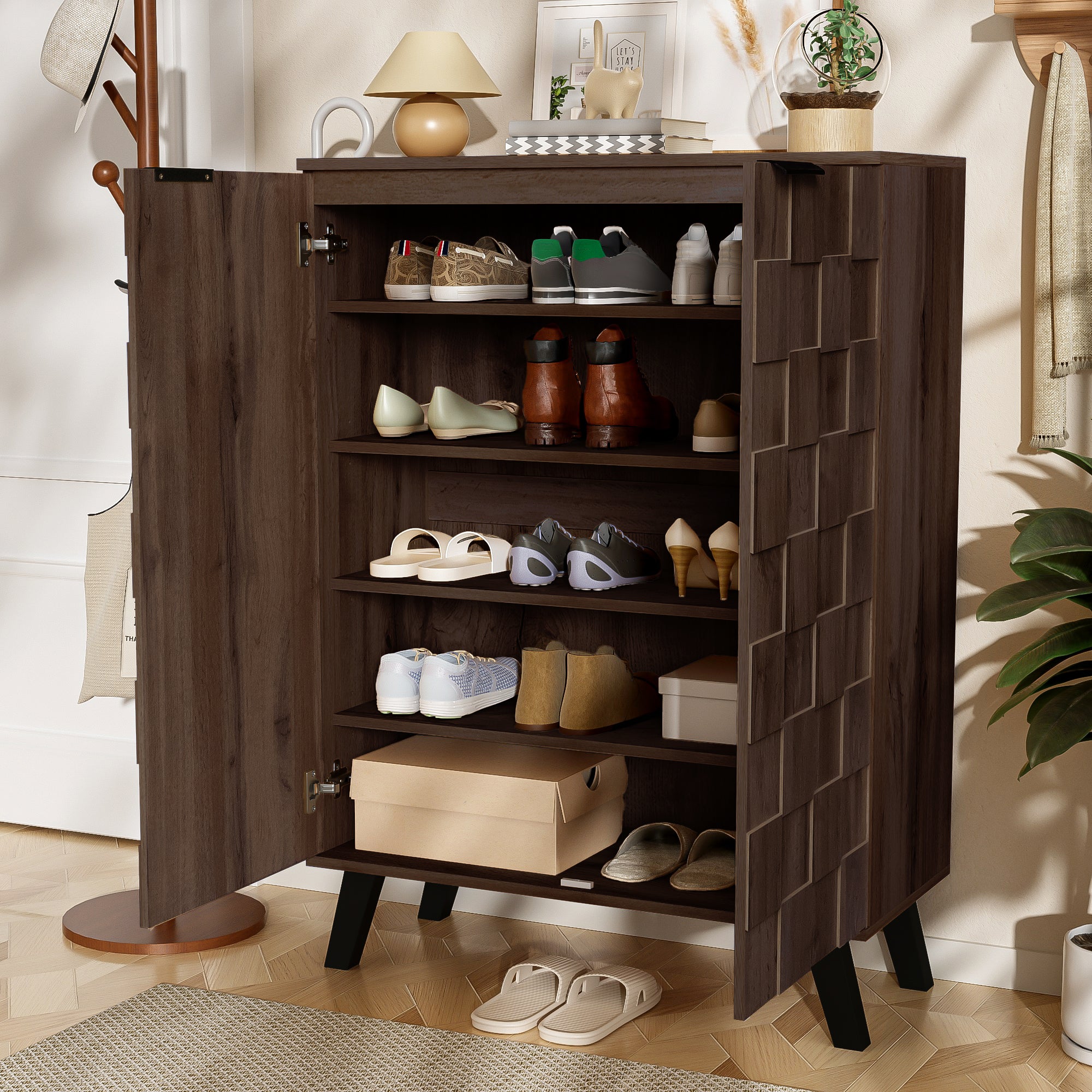 Sideboard Shoe Cabinet, 5 Compartments Adjustable Shelves, Dark Wood Grain