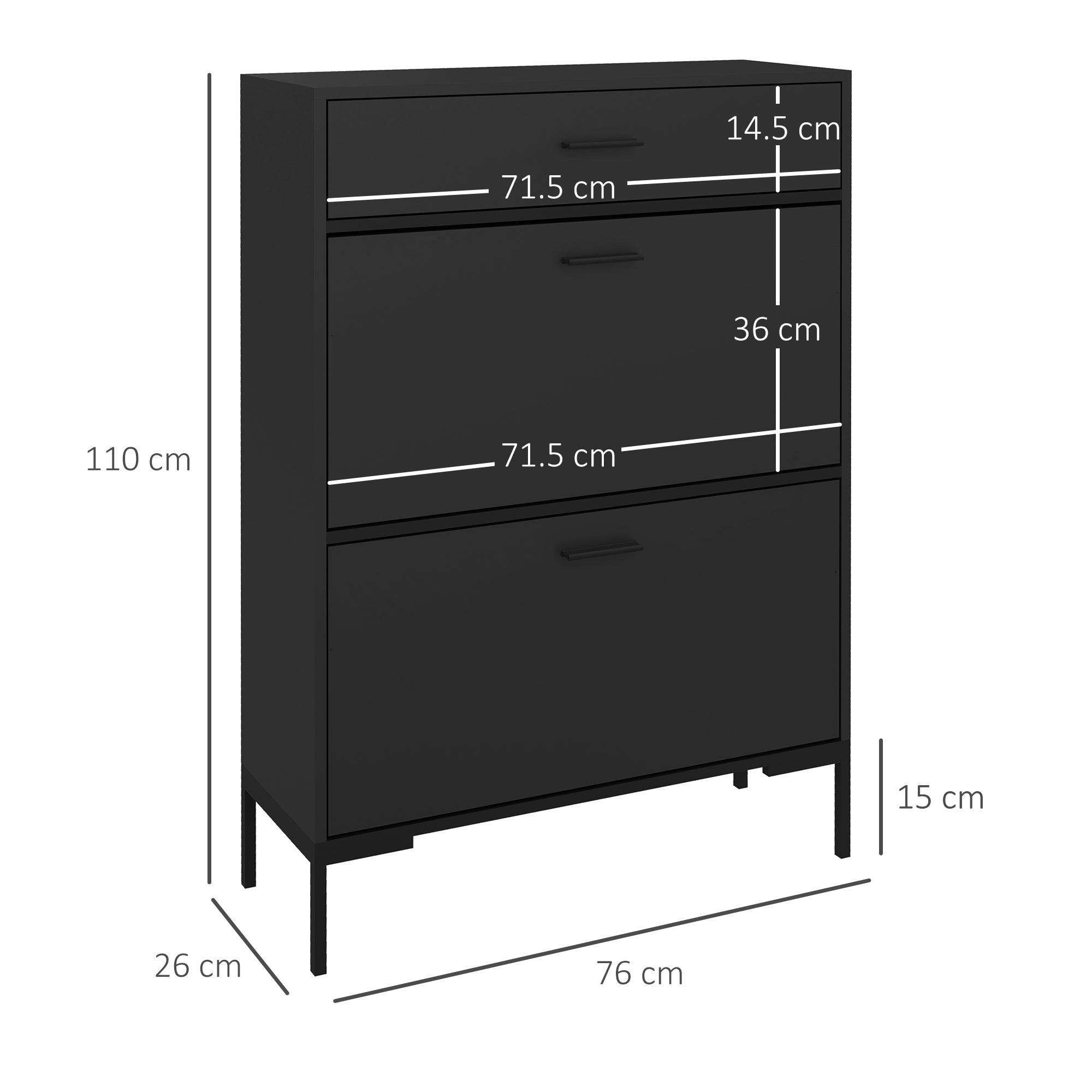 Shoe Storage Cabinet, Slim Three Drawer 12 Pair, Black