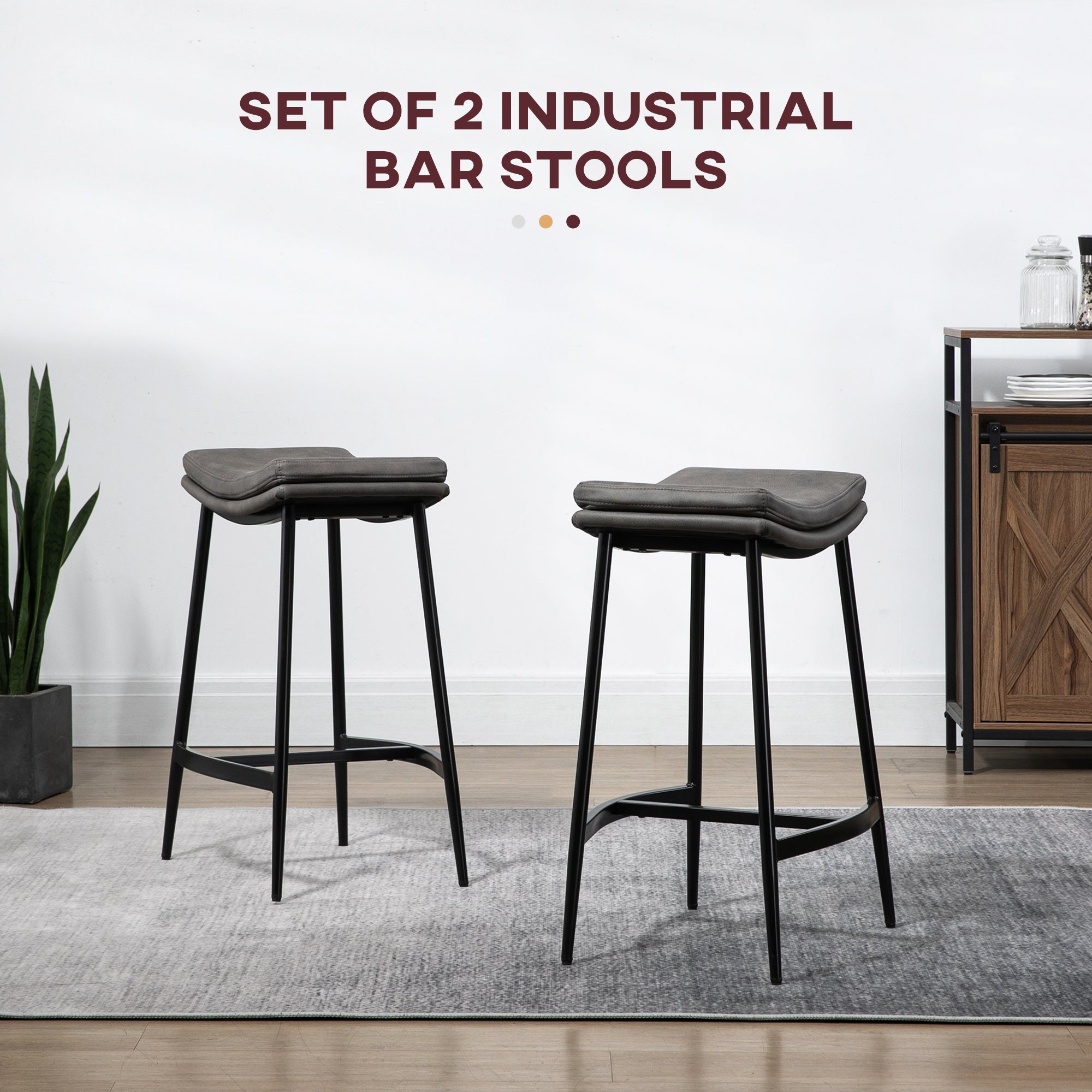 Breakfast Bar Stools Set of 2, Industrial Curved Seat Steel Frame, Microfibre Upholstered Grey